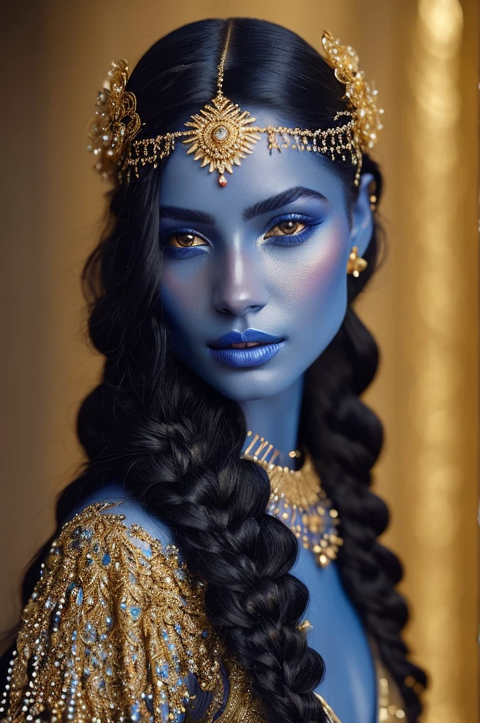 Close-up of a fantastical being with blue skin, golden accents and intricate patterns, delicate golden sparkles creating a glowing effect, serene and mysterious expression, braided hair with golden beads, elaborate headpiece with ornate details, soft blur background to emphasize her ethereal beauty, intricate adornments highlight her otherworldly nature, glowing golden details creating a mystical aura, eyes filled with a deep, soulful gaze, lips slightly parted hinting at a soft whisper, golden jewelry and embellishments adding to the regal appearance, smooth and otherworldly texture of her skin, artistic use of light and shadow to enhance facial features, elements of fantasy and mysticism in her design, a sense of calm and wisdom emanating from her expression, blue skin contrasting beautifully with the golden details, headpiece featuring gemstones and floral motifs, hair styled in elegant thick braids, overall composition harmonious and captivating.
