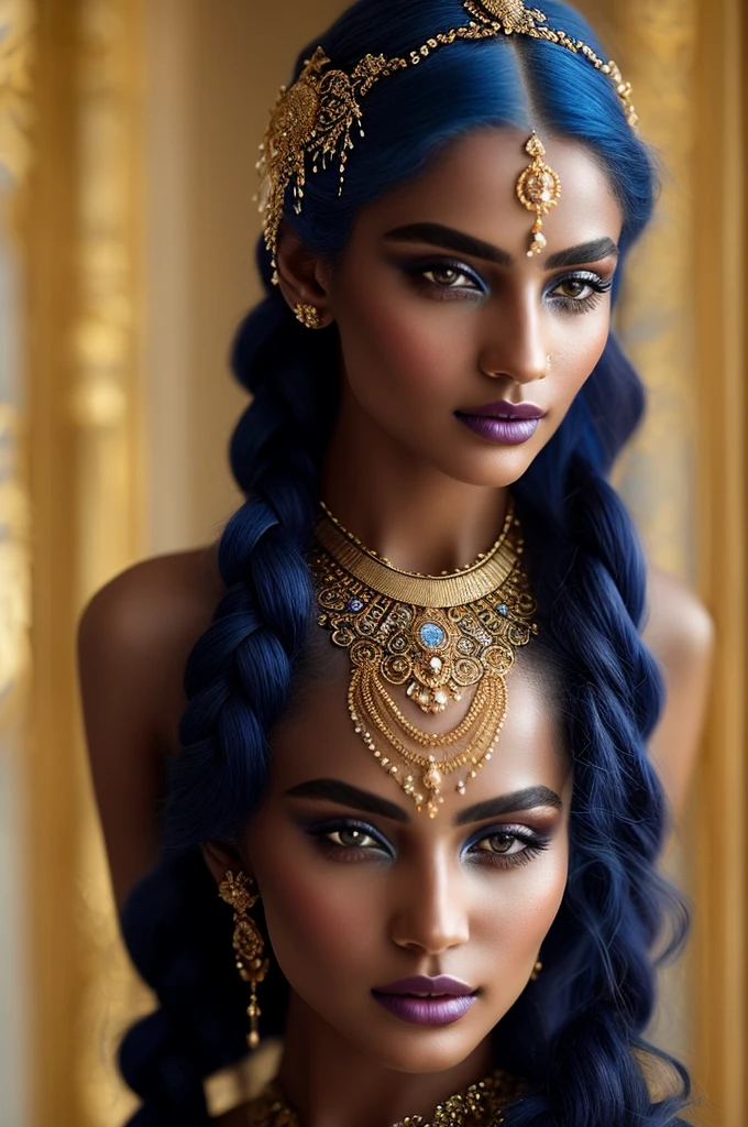 Close-up of a fantastical being with blue skin, golden accents and intricate patterns, delicate golden sparkles creating a glowing effect, serene and mysterious expression, braided hair with golden beads, elaborate headpiece with ornate details, soft blur background to emphasize her ethereal beauty, intricate adornments highlight her otherworldly nature, glowing golden details creating a mystical aura, eyes filled with a deep, soulful gaze, lips slightly parted hinting at a soft whisper, golden jewelry and embellishments adding to the regal appearance, smooth and otherworldly texture of her skin, artistic use of light and shadow to enhance facial features, elements of fantasy and mysticism in her design, a sense of calm and wisdom emanating from her expression, blue skin contrasting beautifully with the golden details, headpiece featuring gemstones and floral motifs, hair styled in elegant thick braids, overall composition harmonious and captivating.