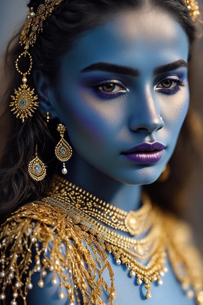 Close-up of a fantastical being with blue skin, golden accents and intricate patterns, delicate golden sparkles creating a glowing effect, serene and mysterious expression, braided hair with golden beads, elaborate headpiece with ornate details, soft blur background to emphasize her ethereal beauty, intricate adornments highlight her otherworldly nature, glowing golden details creating a mystical aura, eyes filled with a deep, soulful gaze, lips slightly parted hinting at a soft whisper, golden jewelry and embellishments adding to the regal appearance, smooth and otherworldly texture of her skin, artistic use of light and shadow to enhance facial features, elements of fantasy and mysticism in her design, a sense of calm and wisdom emanating from her expression, blue skin contrasting beautifully with the golden details, headpiece featuring gemstones and floral motifs, hair styled in elegant thick braids, overall composition harmonious and captivating.