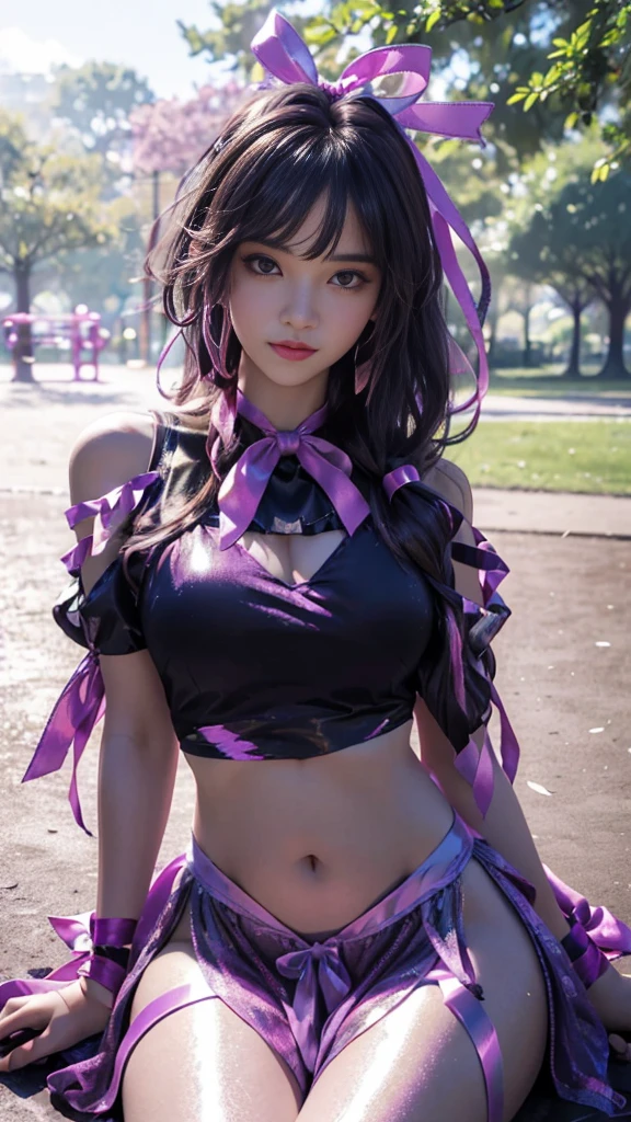 Anime girl in a purple and black costume standing in front of a forest, Keqing de Genshin Impact, Zhongli de Genshin Impact, Heise Jinyao, Impacto de Ayaka Genshin, Anime Moe Artstyle, Negro - Mago de pelo, Fanart de Demon Slayer Rui, Ayaka Game Genshin Impact, Es Ling, inspirado por Song Maojin