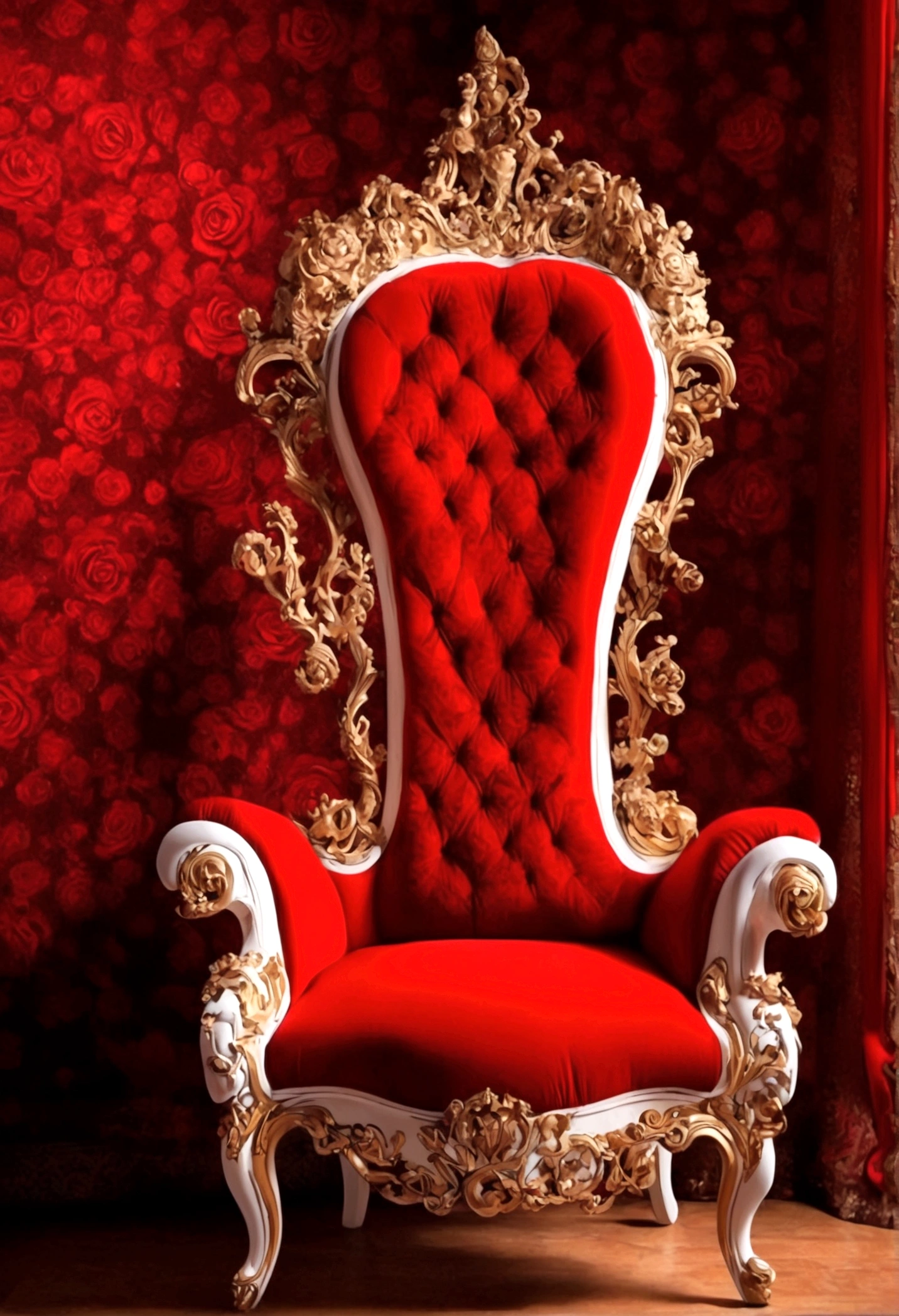In the tall, spacious and magnificent palace，1 Rose Chair，High back，Rococo，Red Rose，symmetry