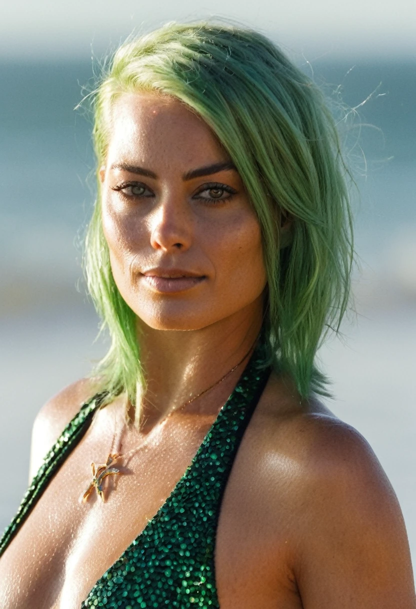 high quality portrait Erotic paparazzi photo , 40yo woman ( Magrot Robbie, beach side , photorealistic , celebrity , green color hair ,random click, she is wearing awet tight MARVEL logo printed shirt:1.5, woman ) sunbathing , shiny sweaty skin , sexualized move, erotic angles, sweaty flat breas,t celebrity erotic photograph , fit muscular figure , shiny sweaty skin, on beach, celebrity, female, woman, hollywood actress , fleshy muscular woman , ( natural lights, depth of field, detailed face , insanely detailed skin texture, hyper detailed features )