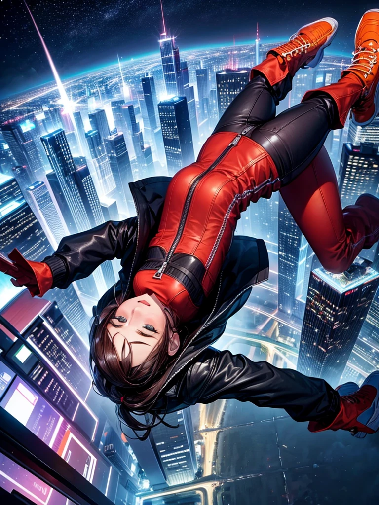 Highest quality,Highest Resolution,Woman jumping off a skyscraper,Night city falling upside down,