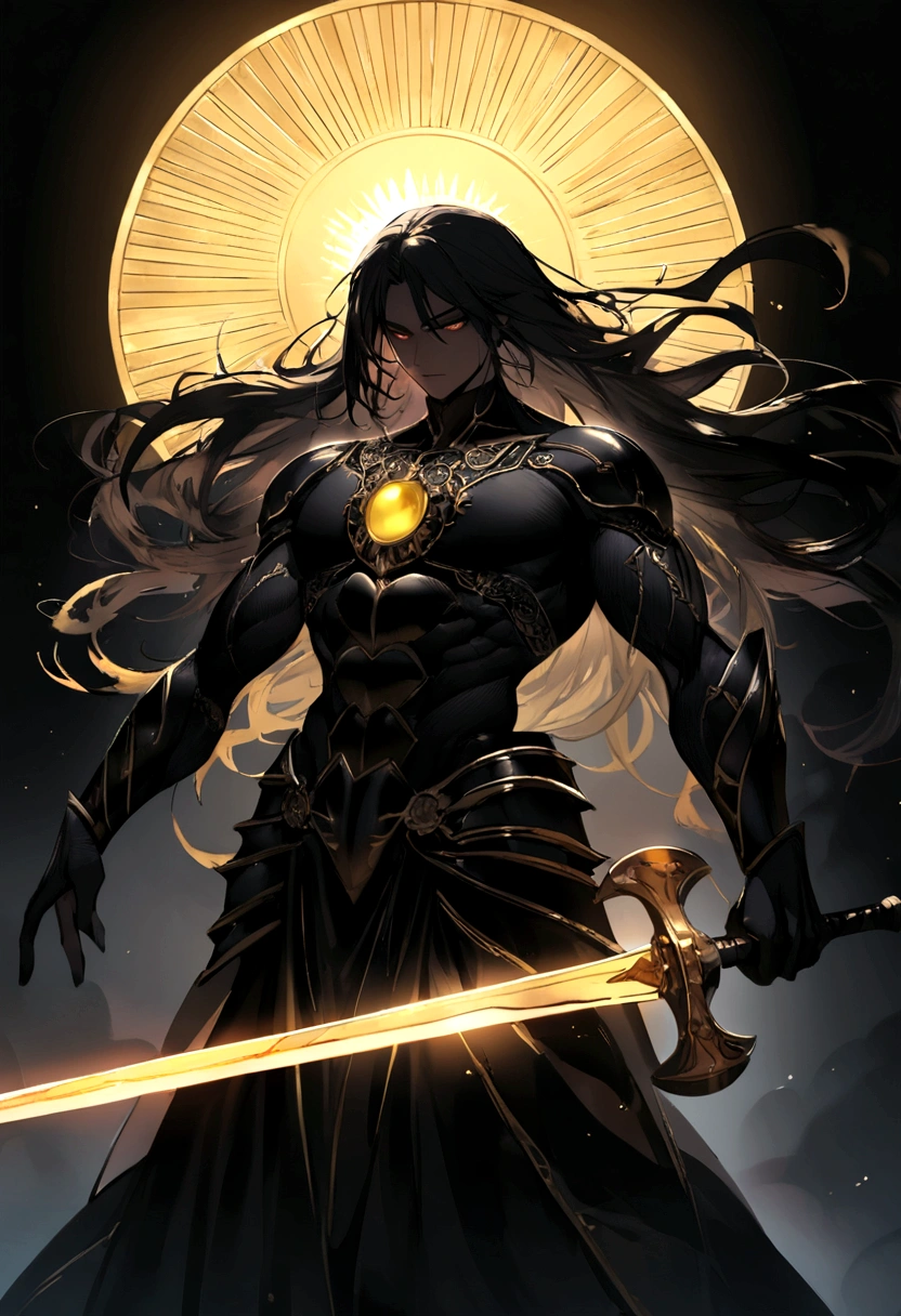 god of the sun and darkness posing holding a sword covered in an aura of darkness and the sun With long black hair And a strong body With black armor