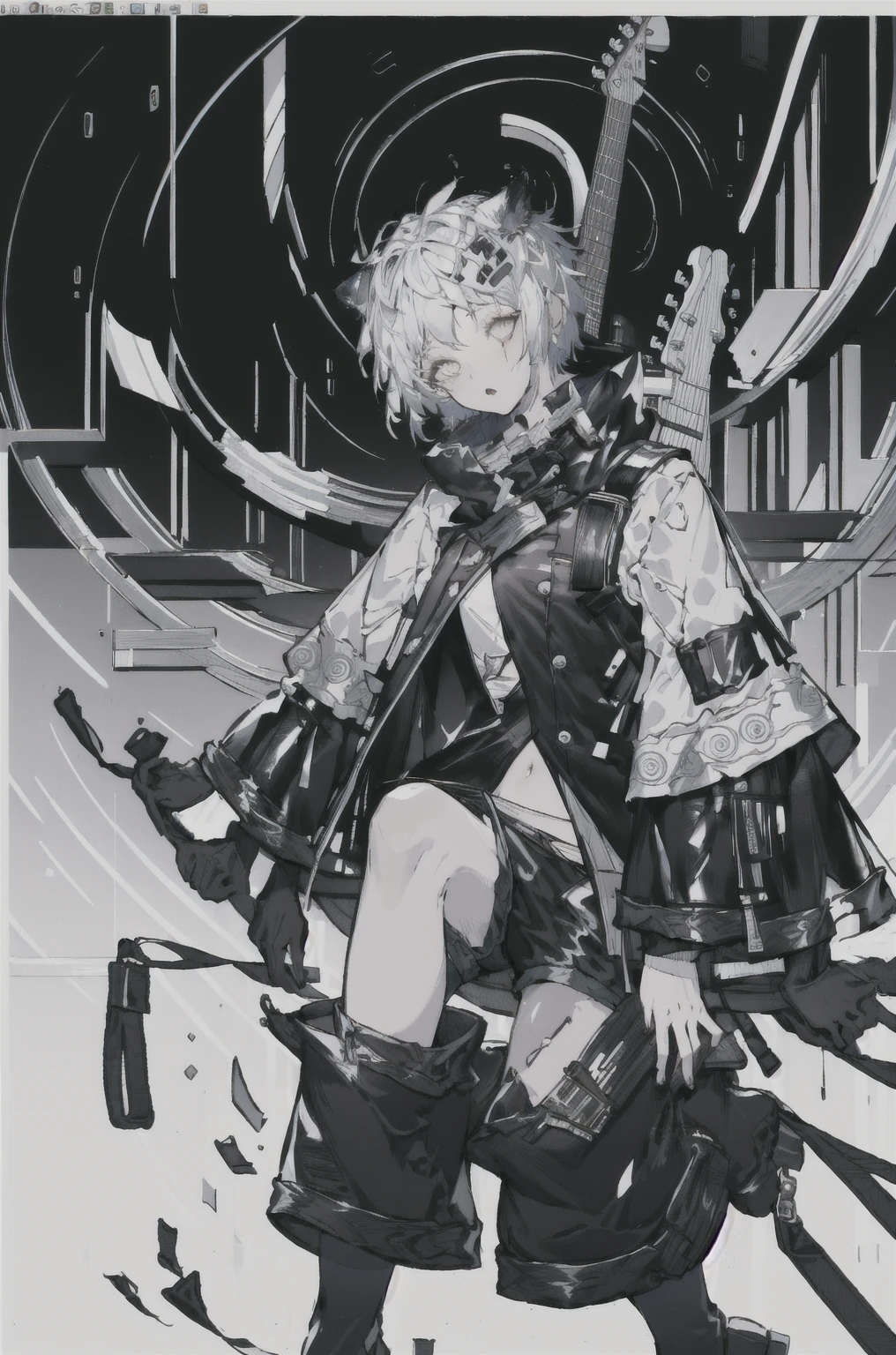 8K,high resolution,absurd,masterpiece,best quality,The original,Extremely detailed CG,Extremely detailed wallpaper,Perfect lighting,1 Girl,Vague_background,
(hutaodef:1.2),Black shorts,black h在 with h在 ,Regular Clothes,white background,guitar,short hair