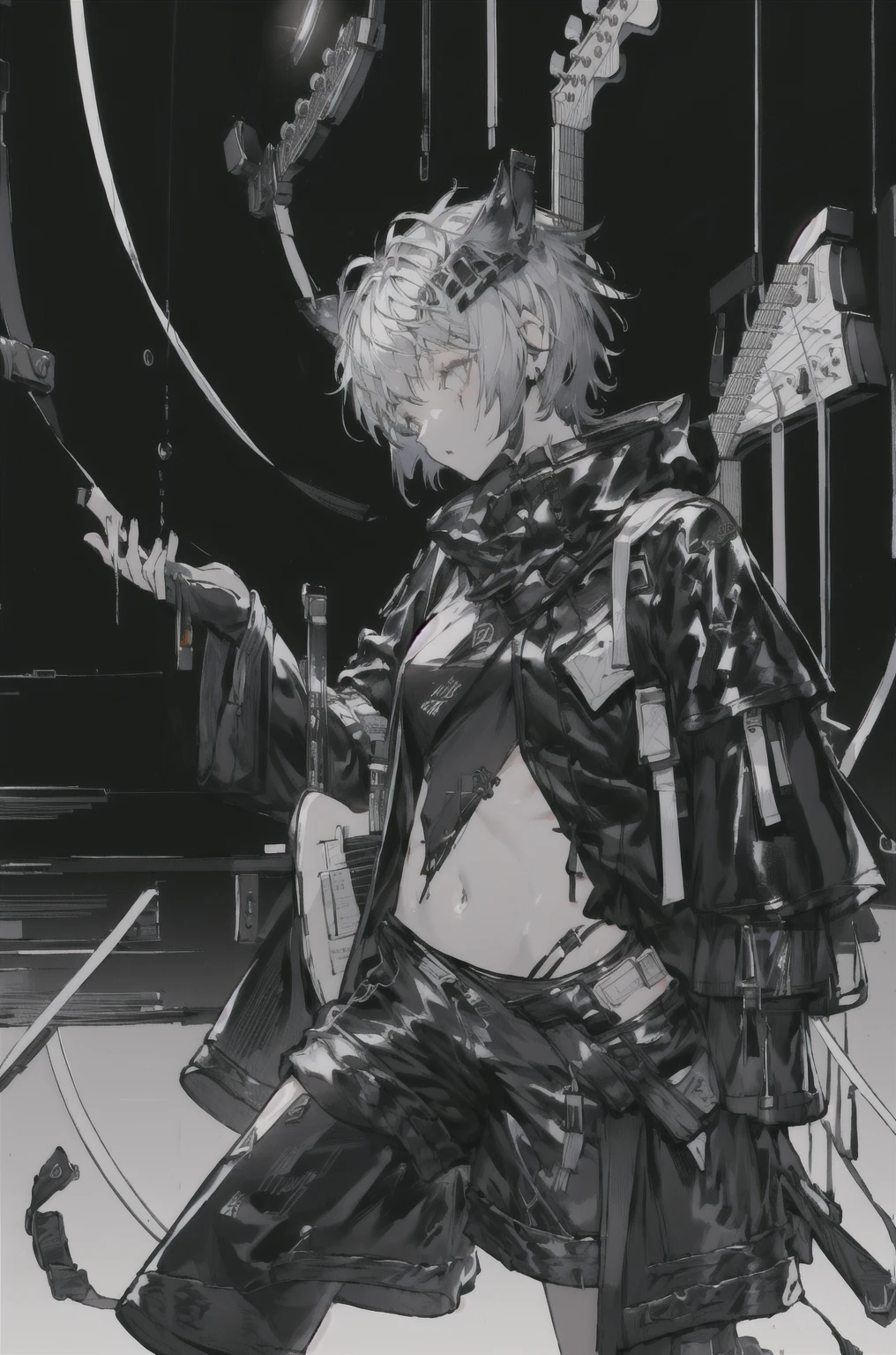 8K,high resolution,absurd,masterpiece,best quality,The original,Extremely detailed CG,Extremely detailed wallpaper,Perfect lighting,1 Girl,Vague_background，
(hutaodef:1.2),Black shorts,black h在 with h在 ,Regular Clothes，white background，guitar，short hair