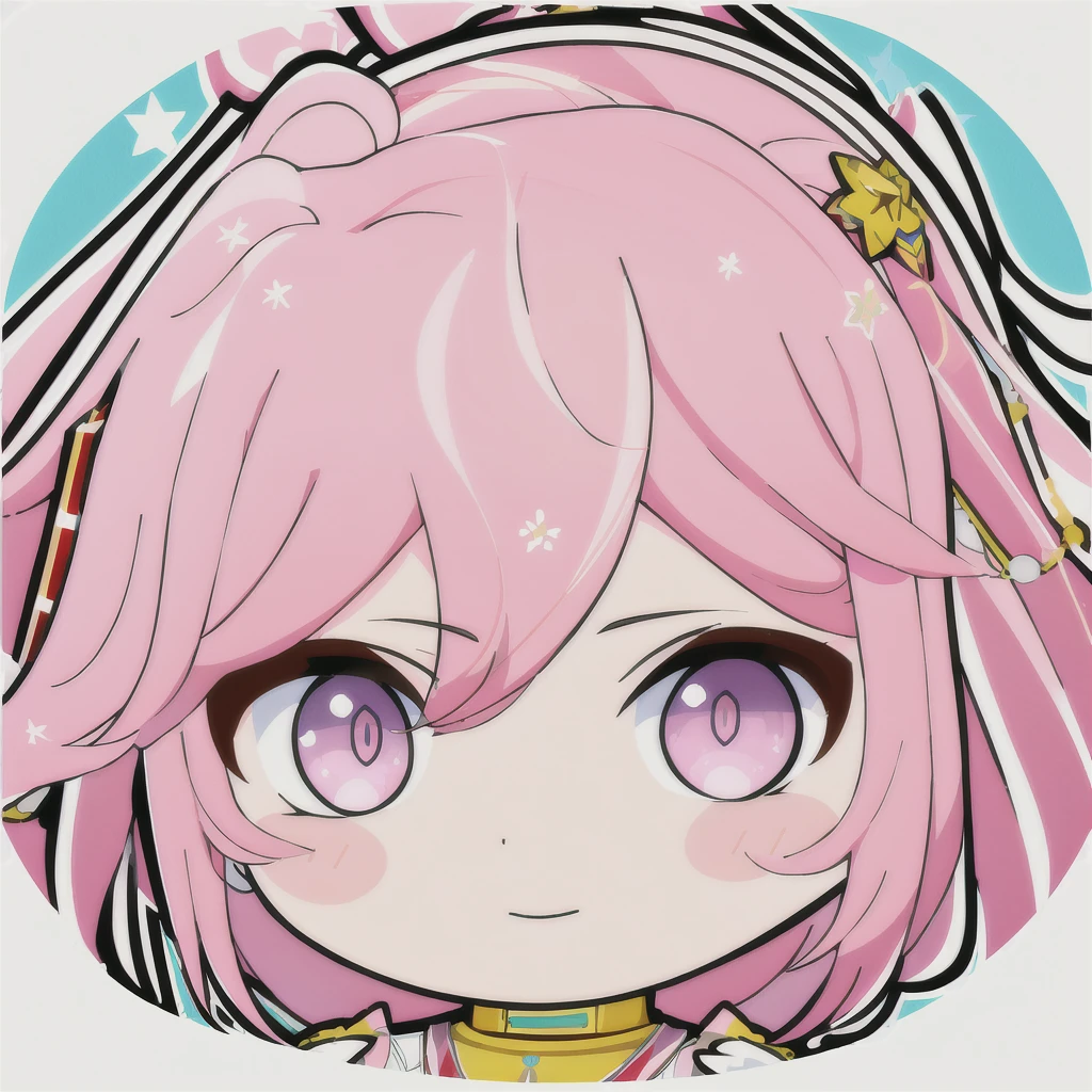 (high quality, high resolution:1.3), 4k, masterpiece, 
BREAK
1girl, chibi, outline, upper body, face, smile, blush, simple background, long hair, pink hair ,pink eyes,  KotobukiMinami, hair clip, hair ornament, 