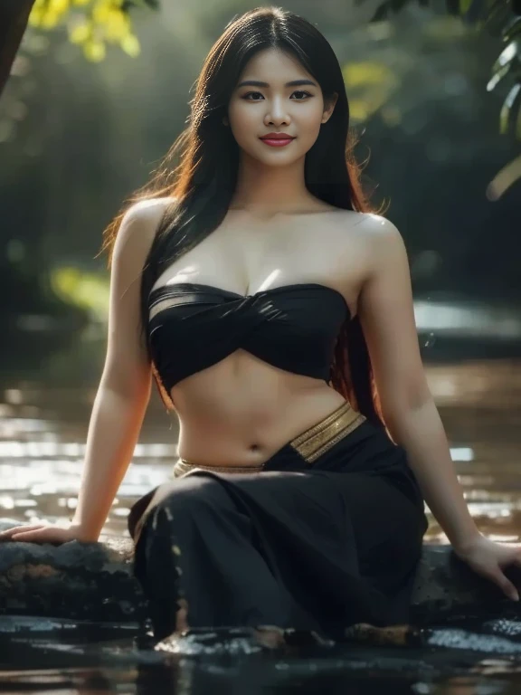 ภาพระยะใกล้ของผู้หญิงlong hairชาวเอเชียตะวันออกเฉียงใต้ที่มีใบหน้ากลม,ผมหางม้า long hair,float up, black eyes,abdominal muscles, shiny body, Overflowing breasts, Big nipples overflowing., morning sun, staring at the viewer, (sexy poses), ((face details)), Double eyelids, realistic, Masterpiece, Highest quality, lens flare, shade, [[Chromatic aberration, digital painting, 8K, 45,000,000,000 pixels, Thai chat set, Strapless top, long hair,black eyes,abdominal muscles, The body is beautiful and strong., rounded chest, (digital painting, HDR, high contrast