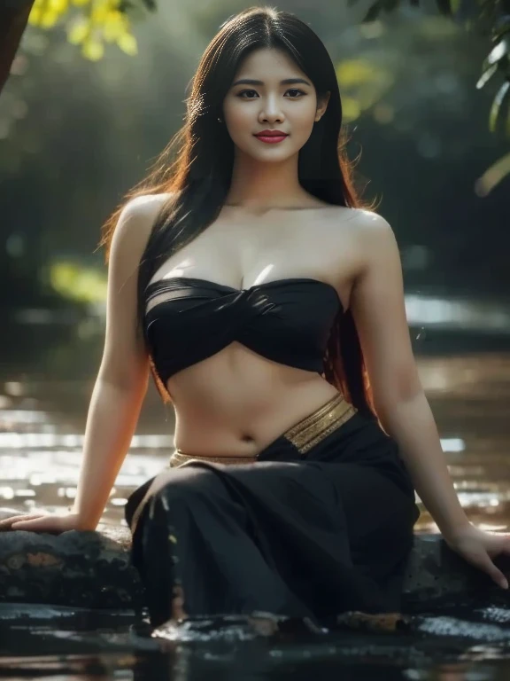 ภาพระยะใกล้ของผู้หญิงlong hairชาวเอเชียตะวันออกเฉียงใต้ที่มีใบหน้ากลม,ผมหางม้า long hair,float up, black eyes,abdominal muscles, shiny body, Overflowing breasts, Big nipples overflowing., morning sun, staring at the viewer, (sexy poses), ((face details)), Double eyelids, realistic, Masterpiece, Highest quality, lens flare, shade, [[Chromatic aberration, digital painting, 8K, 45,000,000,000 pixels, Thai chat set, Strapless top, long hair,black eyes,abdominal muscles, The body is beautiful and strong., rounded chest, (digital painting, HDR, high contrast
