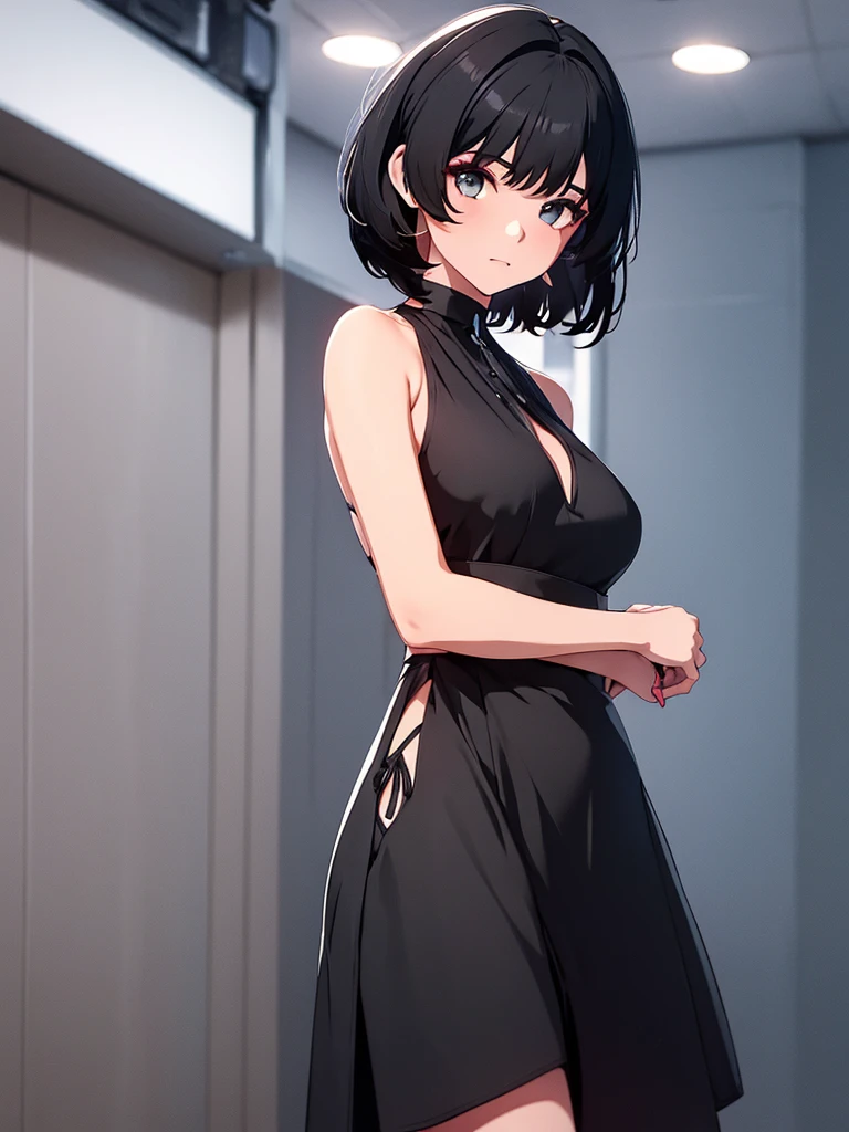 1girl, wearing a black colour party frock, stylish frock, at a night party, black short hair, 8k, high detailed, high quality
