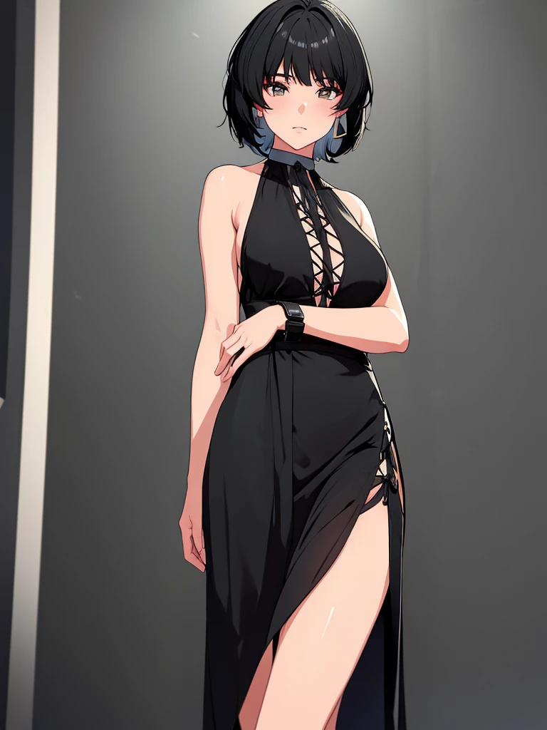 ((Best quality)), ((masterpiece)), (detailed), perfect face, beautiful eighteen year old girl, (((very slim and skinny, ((very small breasts)), Very narrow waist))), Long white hair, blushes a little and smiles, (wearing a thin and very loose black sexy gothic dress with many cutouts and a deep neckline and very deep cutouts at the hips and waist), (no underwear under clothes), smooth shaved pussy
