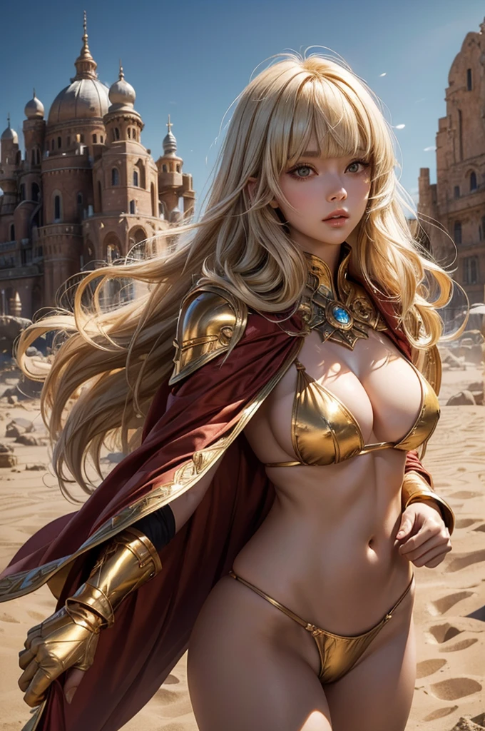 Perfect human body modeling, 1girl, pretty face, blunt bangs, Long hair, drill hair, twin drills, blonde hair, shiny hair, glow eyes, jitome, brown eyes, tsurime, white skin, huge breasts, Short body, Western-style fantasy, RPG, Rocky mountains, desert, Red cape, Golden knight, Golden Bikini Armor,