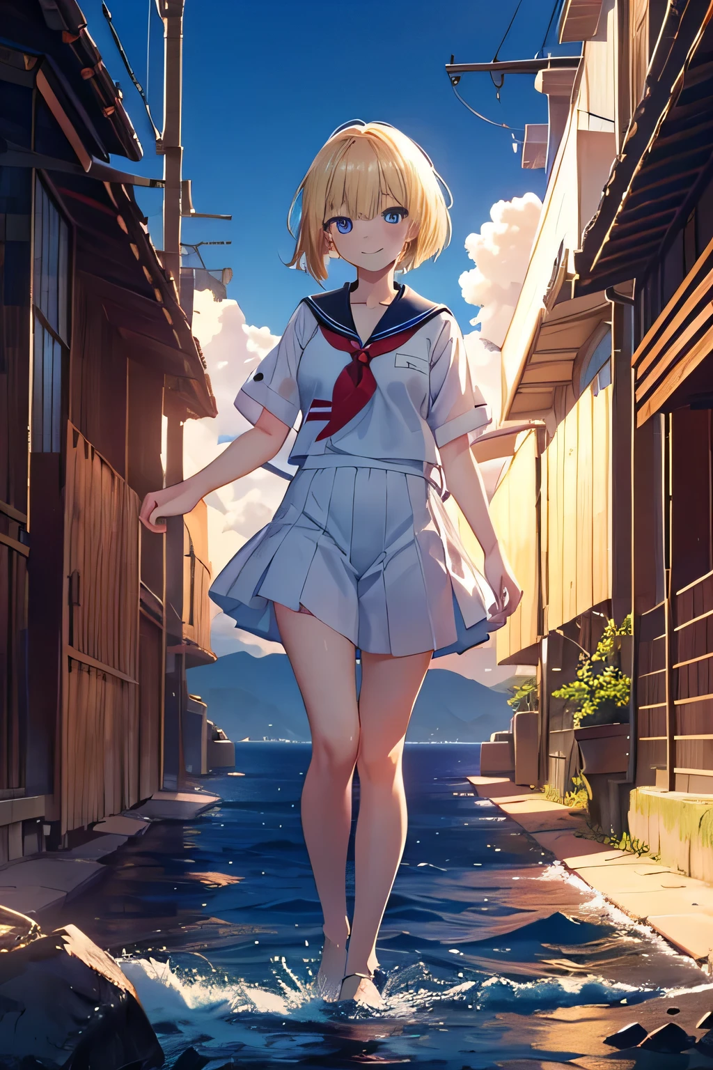 {{masutepiece, Best Quality, extremely details CG, Unity 8k Wallpaper, Cinematic lighting, }}, Sony α7, wide frame, south pacific, During the war with the Asian powers, The wind blowing on the Aegis ship, 1 girl, Full body, Smile, She is a sailor in the US Navy, Caucasian, 20 years old, Smile, Blonde hair, a short bob, blue eyes , long eyelashes ,