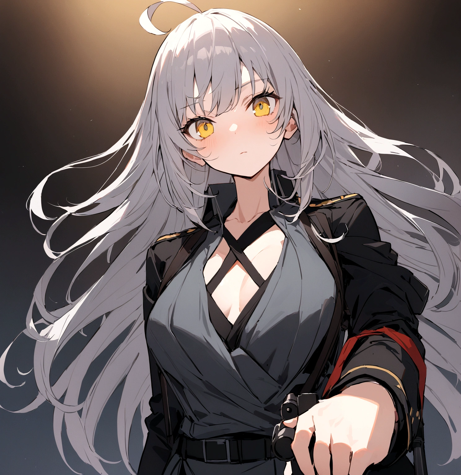 (masterpiece, best quality:1.2),Expressionless、 1girl, 独奏,Black military uniform、Grey long hair、Ahoge、Yellow Eyes、Ready your gun?、sniper rifle、Background of military bases、Fisheye Lens