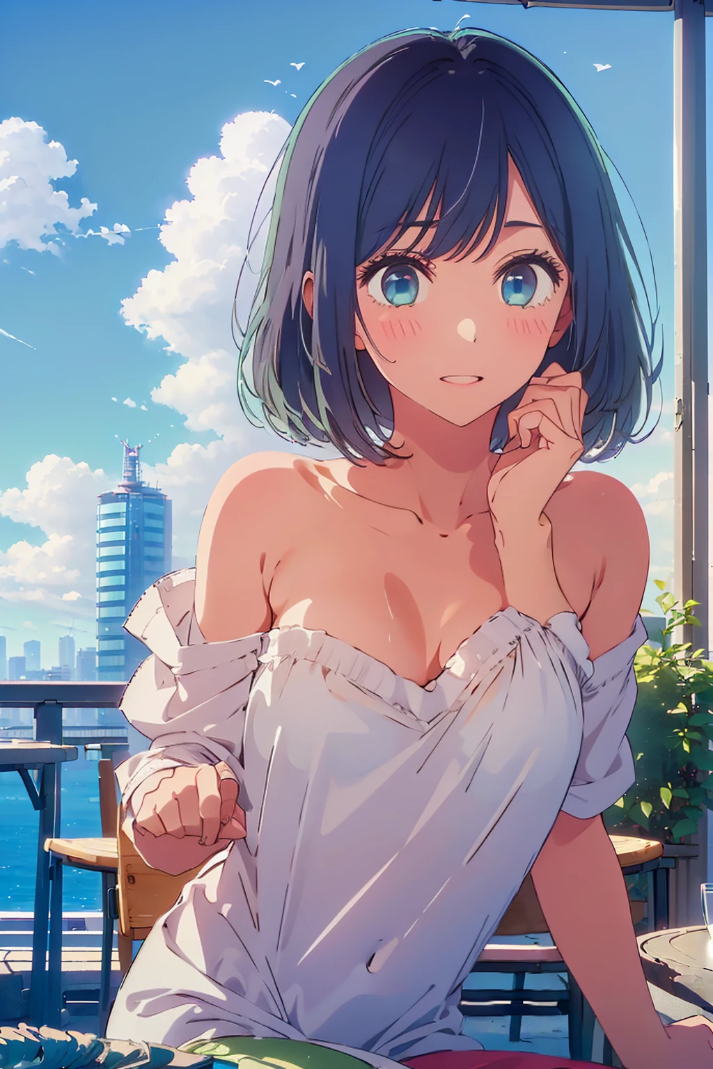 (Highest quality:1.4、8K:1.4、detailed)、F cup bust、Big Breasts、Slim body、Very white beautiful skin、((((1 person、Surprised expression、sit、Chair、In the background are the urban buildings of Tokyo、looking at the camera、Outdoor café terrace、Navy hair color、juice、Shooting up close、Shooting from an angle、table、Very cute face))))、((((nude、Beautiful areola))))、(Hand touching cheek pose:1.4、Cheek resting on hand:1.4)、Off-the-shoulder blouson、Black blouson with zipper、Very blue sky、A completely cloudless sky