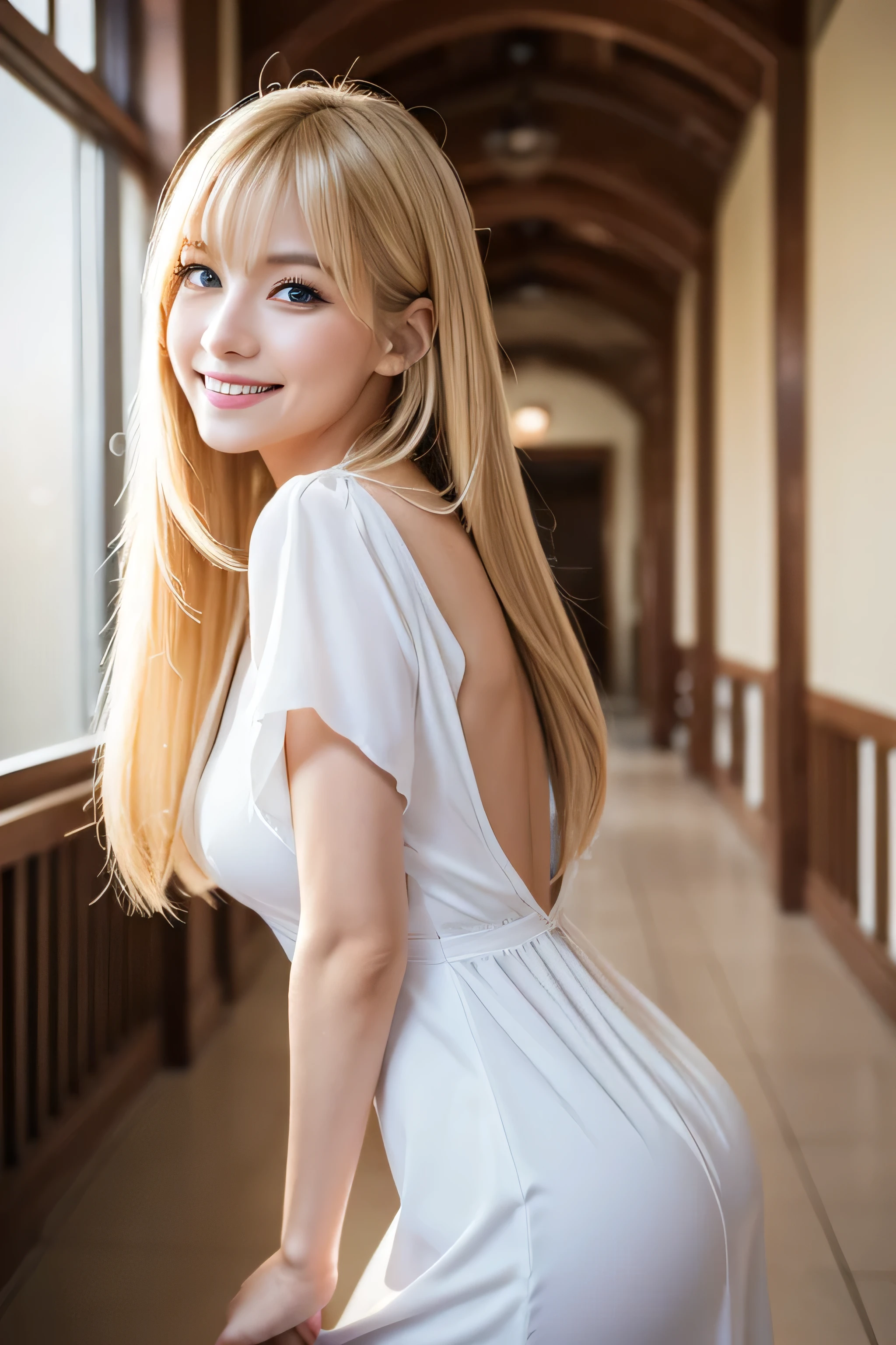 8K,Bushy blonde adult woman,so beautiful(Like the real thing), Big smile, elegant, Long nails, Hairstyle, Beautiful expression,blue eyes, Messy, I am proud, absurdes, Elegant dress,Cowboy Shot, Portraiture, (Highest quality), (Tabletop), (Very detailed), masterpiece,Highest quality photorealistic RAW photos。Backlight, Cinema Lighting, Film Grain, to be born, 50MM lens, Nikon D850,Ultra-Realistic Skin,Fantasy art,Character Art,Ultra-high resolution,Perfect hands,Compensate,wearing a white shirt mini dress,Place your left hand gently on your chin,Strongly blurred beautiful office corridor background,smile_Running towards here_long flowing Long straight hair