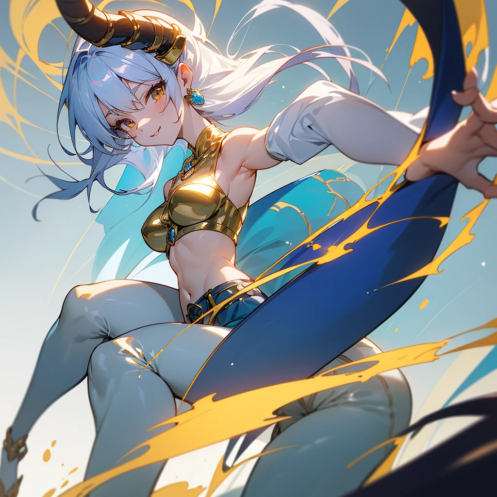 (masterpiece, best quality, 4k, anime:1.2), 1girl, Drakaina, solo, flirting expression, half body portrait, smiling mischievously, looking at camera, long silver hair tied back, sharp golden eyes, pale skin, C-cup breasts, tall, muscular hourglass figure, beautiful six-pack, two beautiful simple golden dragon horns on the head, another set of short golden dragon horns under the ears, sharp golden dragon claws, dragon tail resemble light blue steel, dragon wings resemble light blue steel, blue pear earrings, light blue gemstone necklace with golden dragon phoenix pendant, white sleeveless crop top, ivory trousers, dark blue leather belt, dark blue platform sandals, zerochan art,detailed digital anime art