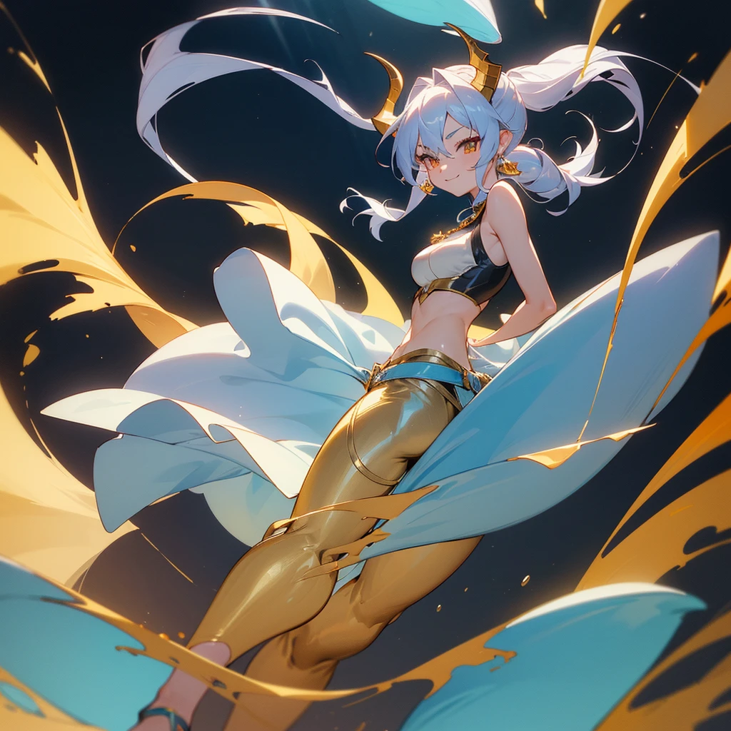 (masterpiece, best quality, 4k, anime:1.2), 1girl, Drakaina, solo, flirting expression, half body portrait, smiling mischievously, looking at camera, long silver hair tied back, sharp golden eyes, pale skin, C-cup breasts, tall, muscular hourglass figure, beautiful six-pack, two beautiful simple golden dragon horns on the head, another set of short golden dragon horns under the ears, sharp golden dragon claws, dragon tail resemble light blue steel, dragon wings resemble light blue steel, blue pear earrings, light blue gemstone necklace with golden dragon phoenix pendant, white sleeveless crop top, ivory trousers, dark blue leather belt, dark blue platform sandals, zerochan art,detailed digital anime art