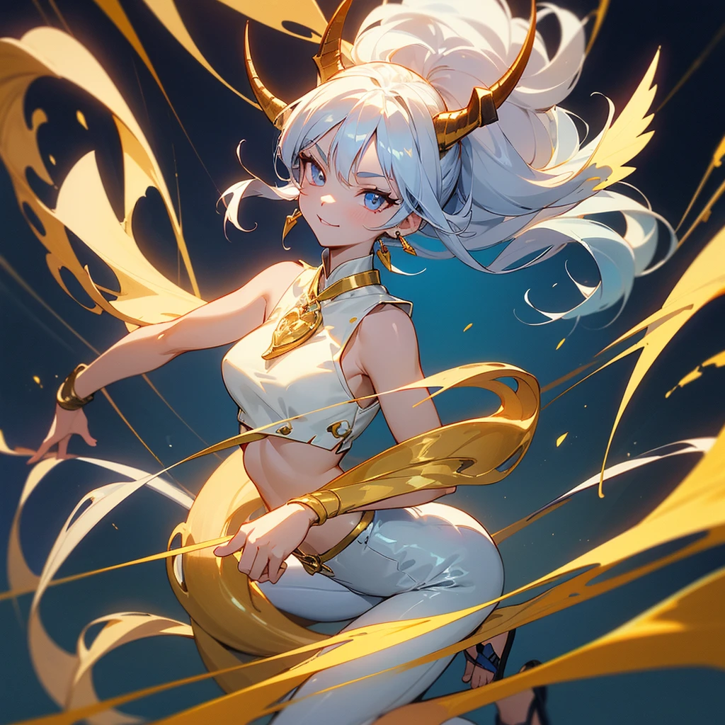(masterpiece, best quality, 4k, anime:1.2), 1girl, Drakaina, solo, flirting expression, half body portrait, smiling mischievously, looking at camera, long silver hair tied back, sharp golden eyes, pale skin, C-cup breasts, tall, muscular hourglass figure, beautiful six-pack, two beautiful simple golden dragon horns on the head, another set of short golden dragon horns under the ears, sharp golden dragon claws, dragon tail resemble light blue steel, dragon wings resemble light blue steel, blue pear earrings, light blue gemstone necklace with golden dragon phoenix pendant, white sleeveless crop top, ivory trousers, dark blue leather belt, dark blue platform sandals, zerochan art,detailed digital anime art