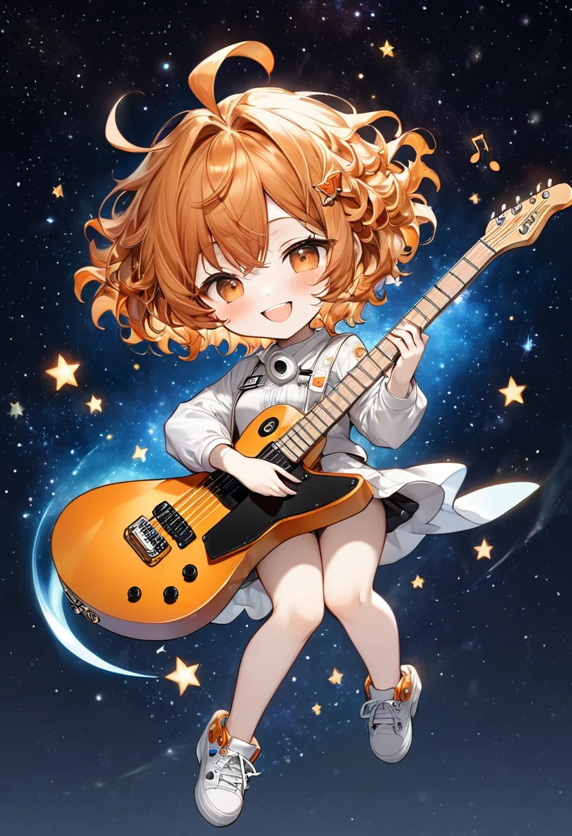 (chibi, big head, full body, super deformed), best quality, super fine, 16k, incredibly absurdres, extremely detailed, 2.5D, delicate and dynamic depiction, cute girl, smiling, orange messy wavy hair, ahoge, playing star-shaped guitar, dancing notes effect, space background, portrait