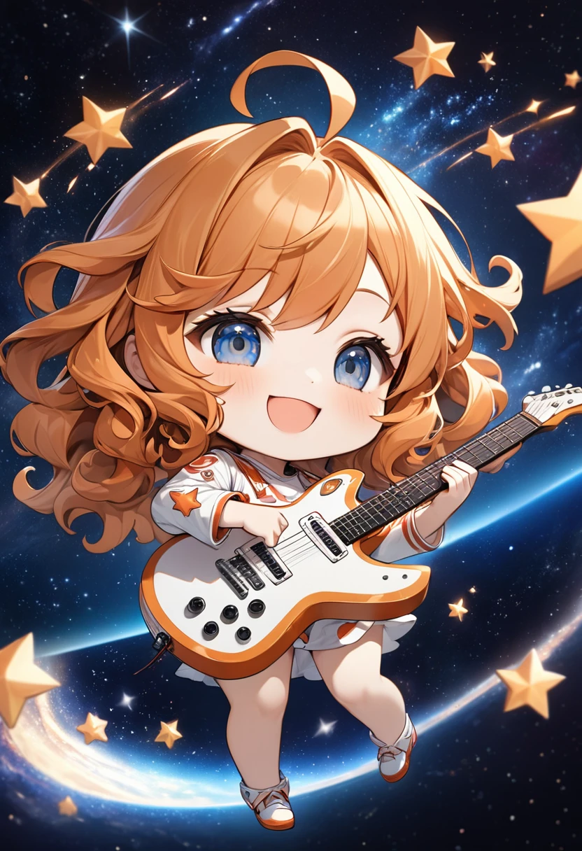 (chibi, big head, full body, super deformed), best quality, super fine, 16k, incredibly absurdres, extremely detailed, 2.5D, delicate and dynamic depiction, cute girl, smiling, orange messy wavy hair, ahoge, playing star-shaped guitar, dancing notes effect, space background, portrait