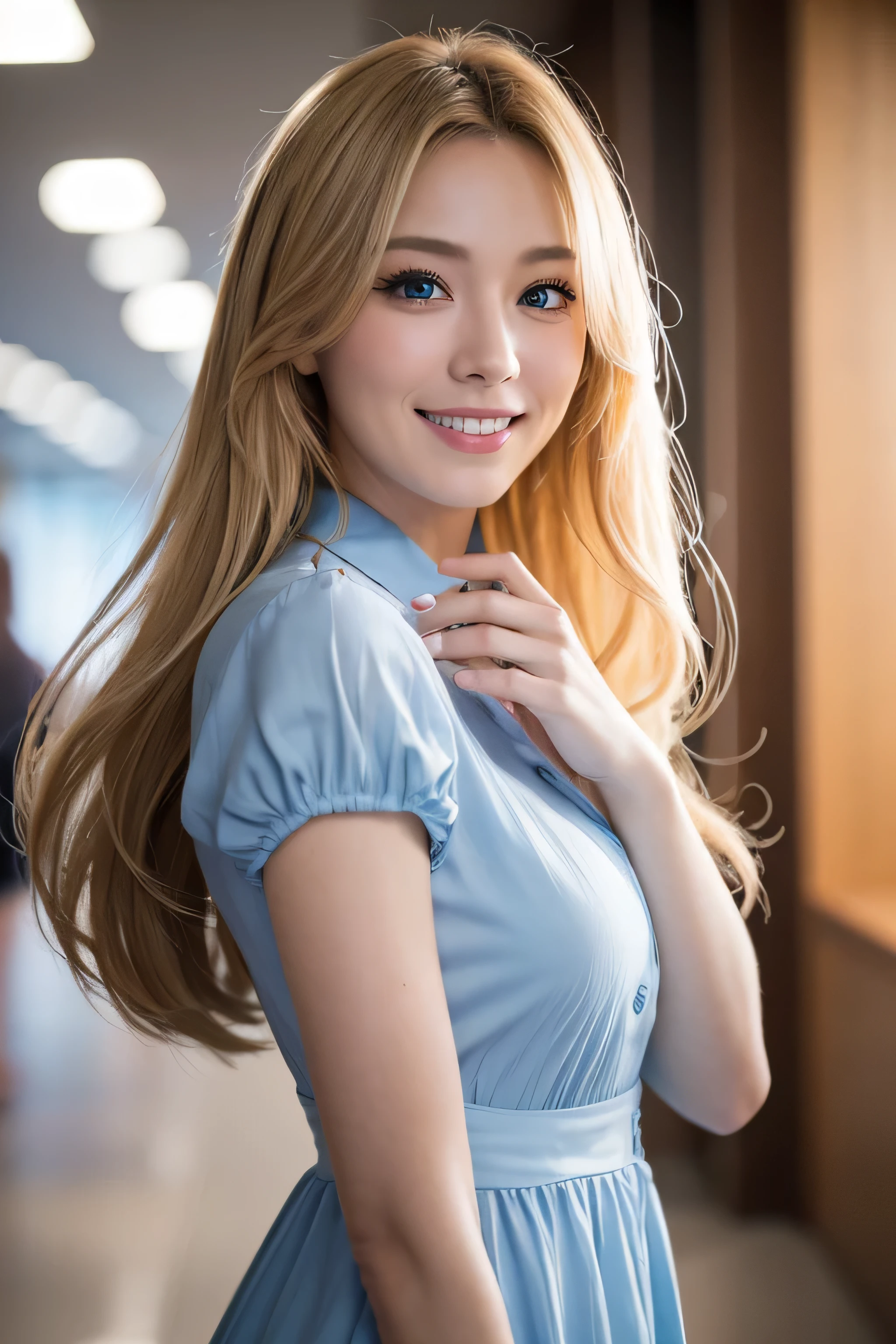 8K,Bushy blonde adult woman,so beautiful(Like the real thing), Big smile, elegant, Long nails, Hairstyle, Beautiful expression,blue eyes, Messy, I am proud, absurdes, Elegant dress,Cowboy Shot, Portraiture, (Highest quality), (Tabletop), (Very detailed), masterpiece,Highest quality photorealistic RAW photos。Backlight, Cinema Lighting, Film Grain, to be born, 50MM lens, Nikon D850,Ultra-Realistic Skin,Fantasy art,Character Art,Ultra-high resolution,Perfect hands,Compensate,wearing a white shirt mini dress,Place your left hand gently on your chin,Strongly blurred beautiful office corridor background,smile_Running towards here_long flowing Long straight hair