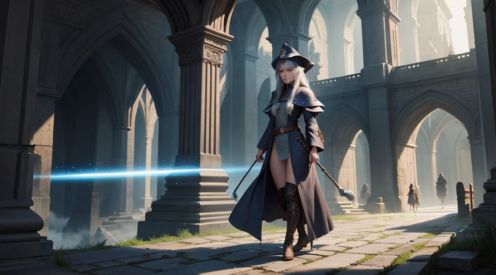 medieval setting, full view of body, 1 female elf mage,beatiful smokey eyes, silver hair, black mage robe with gambeson, wizard hat, leather boots, walking over a bridge of light