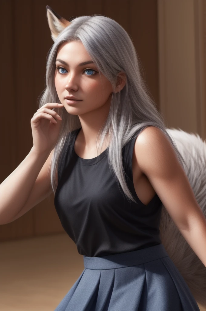 long silver hair, blue eyes, skirt and a black top,((fur, fox snout, fox girl,)), ((((human))),(((super realistic, realistic, photorealistic)))
