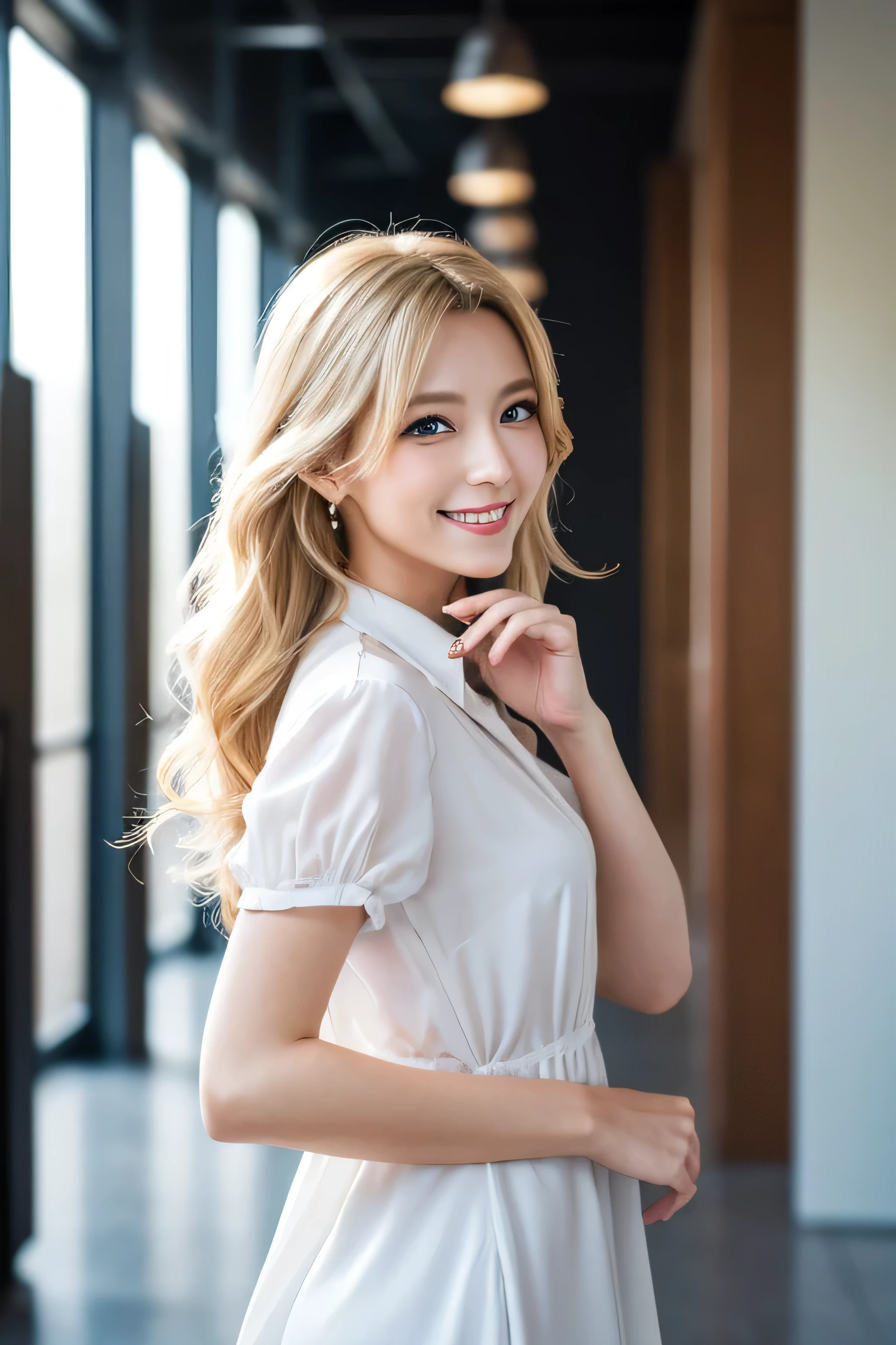 8K,Bushy blonde adult woman,so beautiful(Like the real thing), Big smile, elegant, Long nails, Hairstyle, Beautiful expression,blue eyes, Messy, I am proud, absurdes, Elegant dress,Cowboy Shot, Portraiture, (Highest quality), (Tabletop), (Very detailed), masterpiece,Highest quality photorealistic RAW photos。Backlight, Cinema Lighting, Film Grain, to be born, 50MM lens, Nikon D850,Ultra-Realistic Skin,Fantasy art,Character Art,Ultra-high resolution,Perfect hands,Compensate,wearing a white shirt mini dress,Place your left hand gently on your chin,Strongly blurred beautiful office corridor background,smile_Running towards here_long flowing Long straight hair
