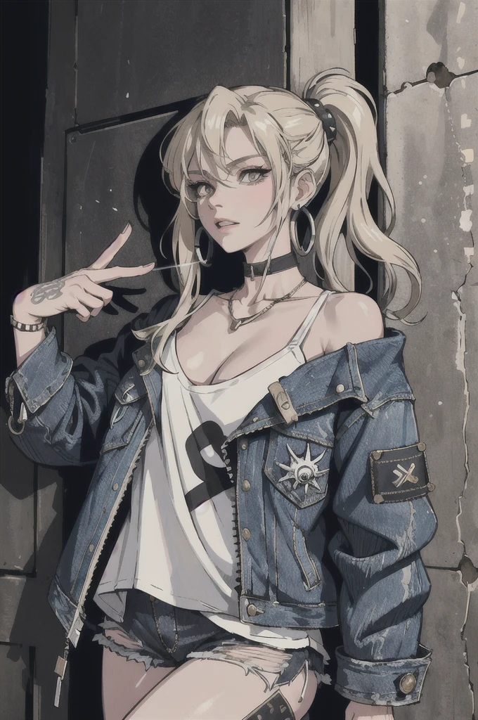 (masterpiece:1.2, best quality), (1lady, solo, upper body:1.2), Hair: long wavy blonde wolf cut, Clothing: oversized, distressed denim jacket with patches and pins, paired with black skinny jeans and combat boots, Accessories: silver hoop earrings and a black choker necklace, Hanging out in an underground music venue or street art exhibit