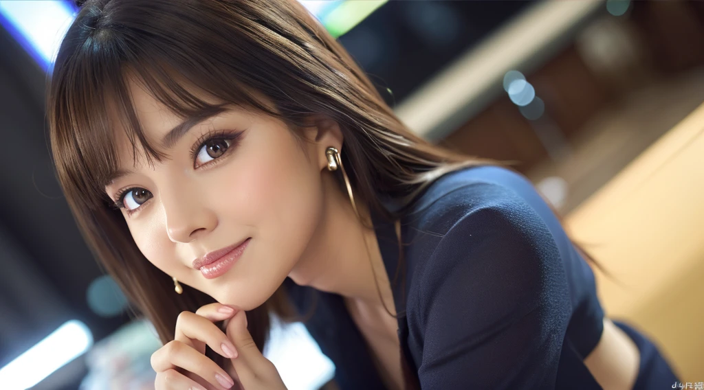 one person、female newscaster、young、beautiful、Female announcer、Shaped face contour、Long Hair、Brown Hair、Fine iris、elegant、Sexy face、Glowing Skin、Juicy lips、An open, seductive smile、Thick eyelasheodel Body Type、Earrings、blush、suit、Tight mini skirt、Perfect lighting、Perfect Shadow、Perfect Anatomy(((masterpiece))), ((highest quality)), ((Super detailed)), (CG illustration), (Very wicked and beautiful)), (Cute Desktop Face)