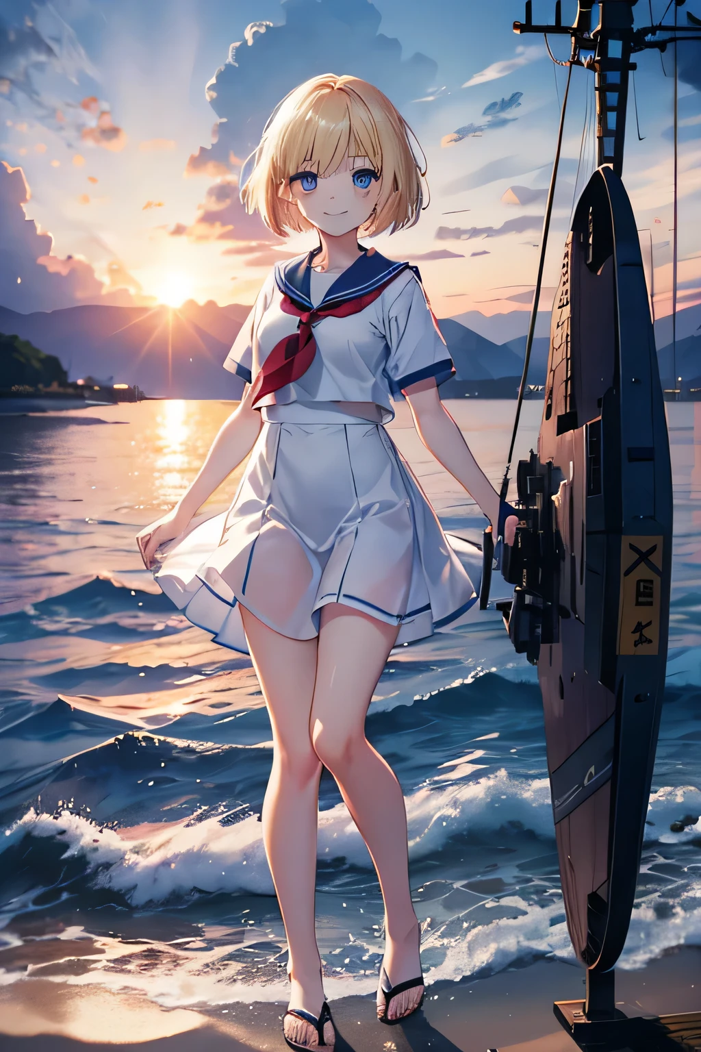 {{masterpiece, Highest quality, Highly detailed CG, unity 8k wallpaper, Cinema Lighting, }}, Sony a7, Wide Frame, South Pacific, During the war with Asian countries, Winds blowing on the Aegis ship, 1 Girl, whole body, smile, She is a US Navy sailor., White people, 20-year-old, smile, Blonde, Short Bob, blue eyes , Long eyelashes ,