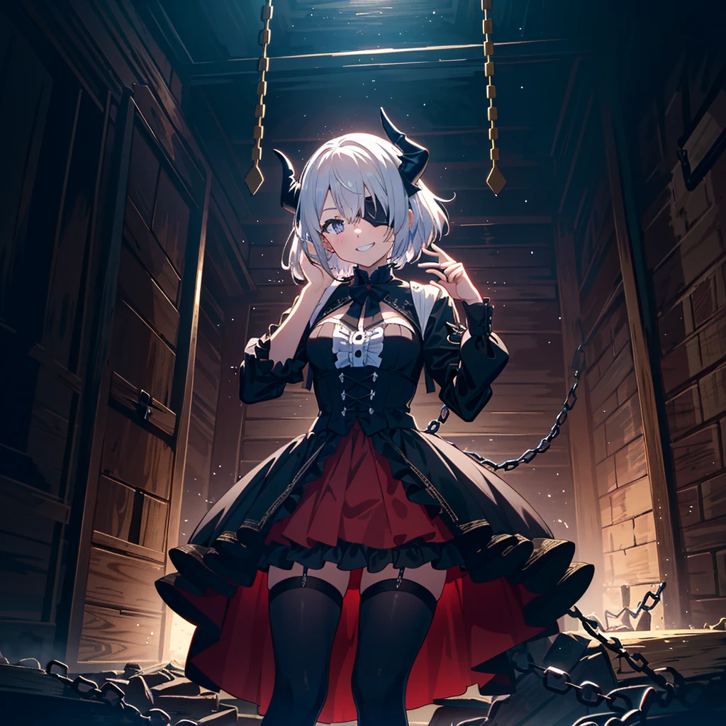 score_9, score_8_up, score_7_up, source_anime, masterpiece, best quality, high resolution, extremely detailed CG, absurdres, highres, 1girl, solo, a cool girl in gothic costume posing in palace, miniskirt, frills, black and red outfit, (black_tights)), (single eyepatch), hand on face, hands open, stands on floor, ruby ??????, white_hair, ((two_sides_up)), horns, with tied chains, many chains in background, dark_background, black palace, midnight, indoors, (extremely detailed background: 1.6), (V-shaped shadows, grin, smile))
