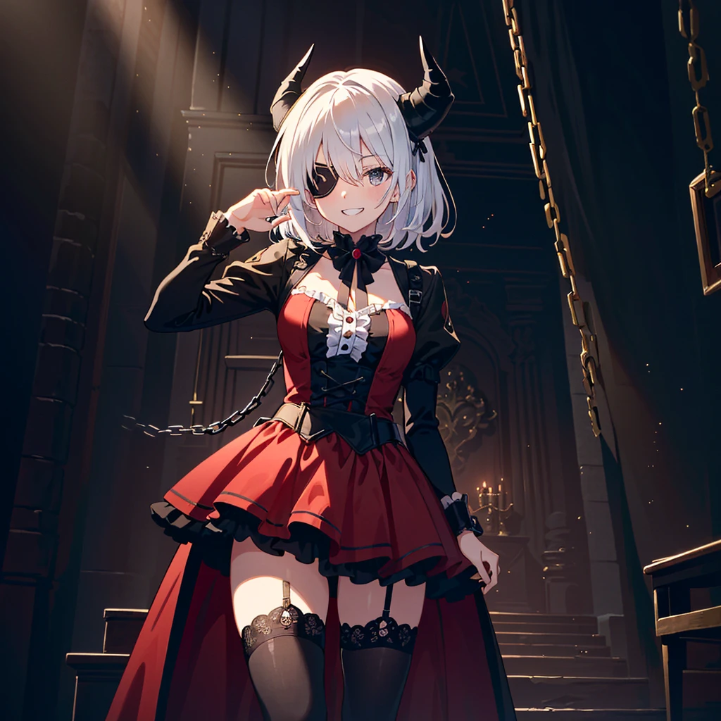 score_9, score_8_up, score_7_up, source_anime, masterpiece, best quality, high resolution, extremely detailed CG, absurdres, highres, 1girl, solo, a cool girl in gothic costume posing in palace, miniskirt, frills, black and red outfit, (black_tights)), (single eyepatch), hand on face, hands open, stands on floor, ruby ??????, white_hair, ((two_sides_up)), horns, with tied chains, many chains in background, dark_background, black palace, midnight, indoors, (extremely detailed background: 1.6), (V-shaped shadows, grin, smile))
