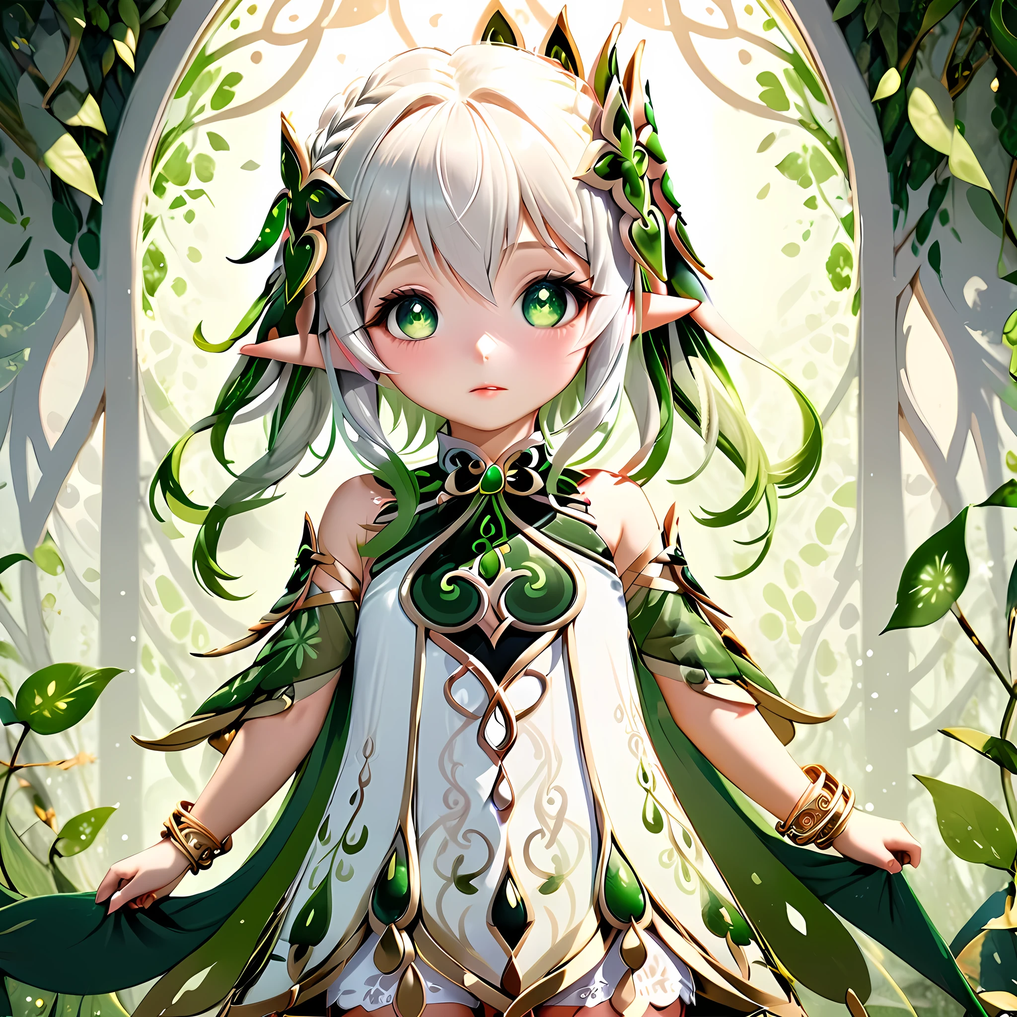 nahida (genshin impact) appears as a fair-skinned young woman with white hair styled in a side braid and a ponytail, and she has pointed ears. She has large green eyes and wears a large green headdress on one side of her head, which is also framed by uneven bangs. Additionally, she has flawless, perfect fingers and hands. Nahida's attire consists of a white dress adorned with green and gold details, loose sleeves of patterned green fabric, and a gold bracelet on her right wrist. Her dress is embellished with various green gems and decorated with intricate golden patterns. Underneath, she wears white trousers. On her back, she wears a split pale green cloak and white sandals surrounded by gold that expose her toes.