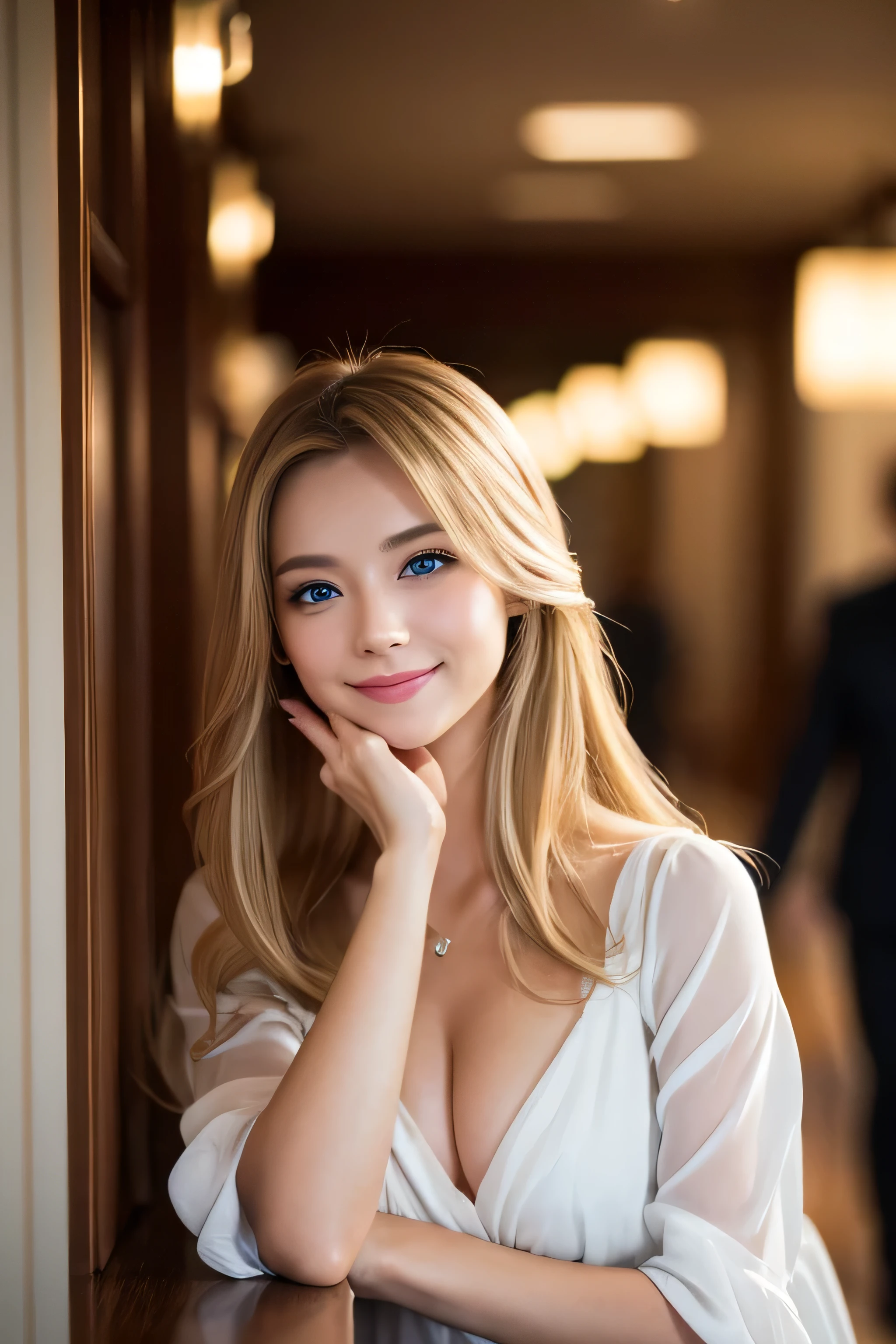 8K,Bushy blonde adult woman,so beautiful(Like the real thing), Big smile, elegant, Long nails, Hairstyle, Beautiful expression,blue eyes, Messy, I am proud, absurdes, Elegant dress,Cowboy Shot, Portraiture, (Highest quality), (Tabletop), (Very detailed), masterpiece,Highest quality photorealistic RAW photos。Backlight, Cinema Lighting, Film Grain, to be born, 50MM lens, Nikon D850,Ultra-Realistic Skin,Fantasy art,Character Art,Ultra-high resolution,Perfect hands,Compensate,wearing a white shirt mini dress,Place your left hand gently on your chin,Strongly blurred beautiful office corridor background,smile_Running towards here_long flowing Long straight hair