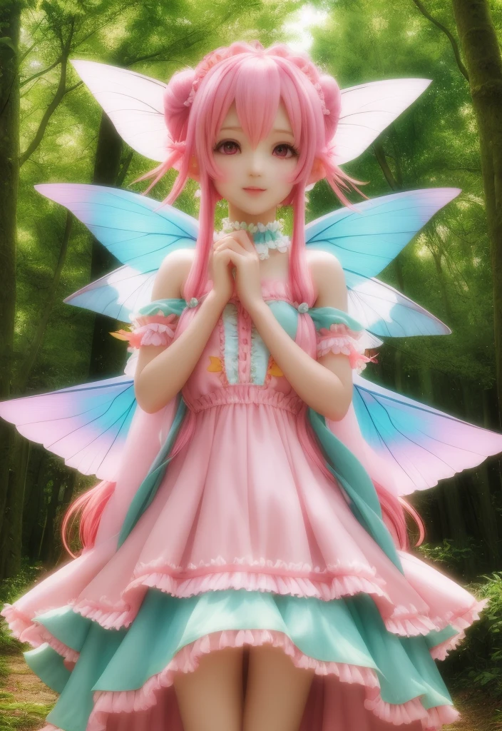 ai cute ears fay little fairy fantasy hair pink hair nature forest frilly dress realistic wings vibrant colors colorful art style nice hands perfect hands vibrant proof