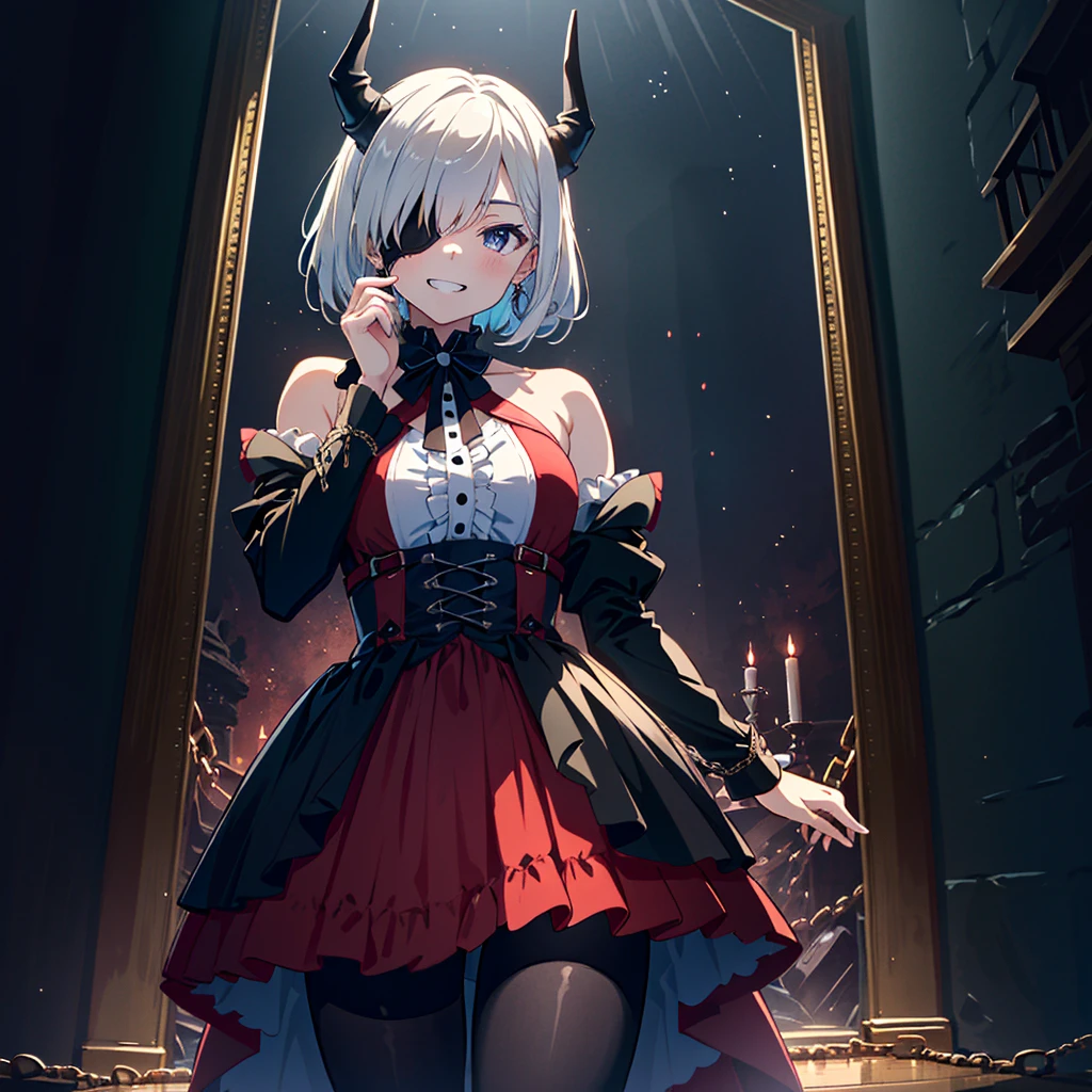 score_9, score_8_up, score_7_up, source_anime, masterpiece, best quality, high resolution, extremely detailed CG, absurdres, highres, 1girl, solo, a cool girl in gothic costume posing in palace, miniskirt, frills, black and red outfit, (black_tights)), (single eyepatch), hand on face, hands open, stands on floor, ruby ??????, white_hair, ((two_sides_up)), horns, with tied chains, many chains in background, dark_background, black palace, midnight, indoors, (extremely detailed background: 1.6), (V-shaped shadows, grin, smile))