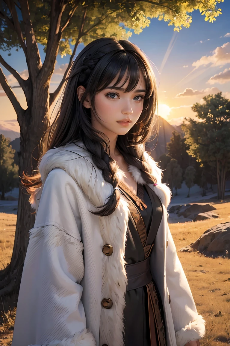 ((masterpiece, best quality, extremely detailed), volumetric lighting, ambient occlusion, colorful, glowing), 
1girl, solo, young girl, (dark hair), long hair, caveman style, cavewoman costume, animal fur,
outdoors, sunset, sky, clouds, tree, 