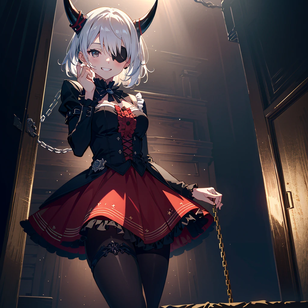 score_9, score_8_up, score_7_up, source_anime, masterpiece, best quality, high resolution, extremely detailed CG, absurdres, highres, 1girl, solo, a cool girl in gothic costume posing in palace, miniskirt, frills, black and red outfit, (black_tights)), (single eyepatch), hand on face, hands open, stands on floor, ruby ??????, white_hair, ((two_sides_up)), horns, with tied chains, many chains in background, dark_background, black palace, midnight, indoors, (extremely detailed background: 1.6), (V-shaped shadows, grin, smile))
