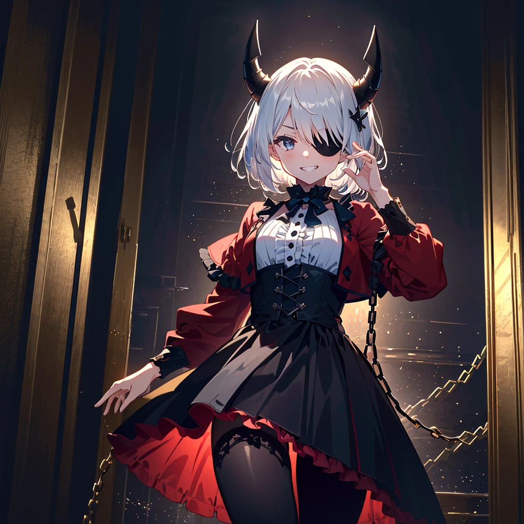score_9, score_8_up, score_7_up, source_anime, masterpiece, best quality, high resolution, extremely detailed CG, absurdres, highres, 1girl, solo, a cool girl in gothic costume posing in palace, miniskirt, frills, black and red outfit, (black_tights)), (single eyepatch), hand on face, hands open, stands on floor, ruby ??????, white_hair, ((two_sides_up)), horns, with tied chains, many chains in background, dark_background, black palace, midnight, indoors, (extremely detailed background: 1.6), (V-shaped shadows, grin, smile))