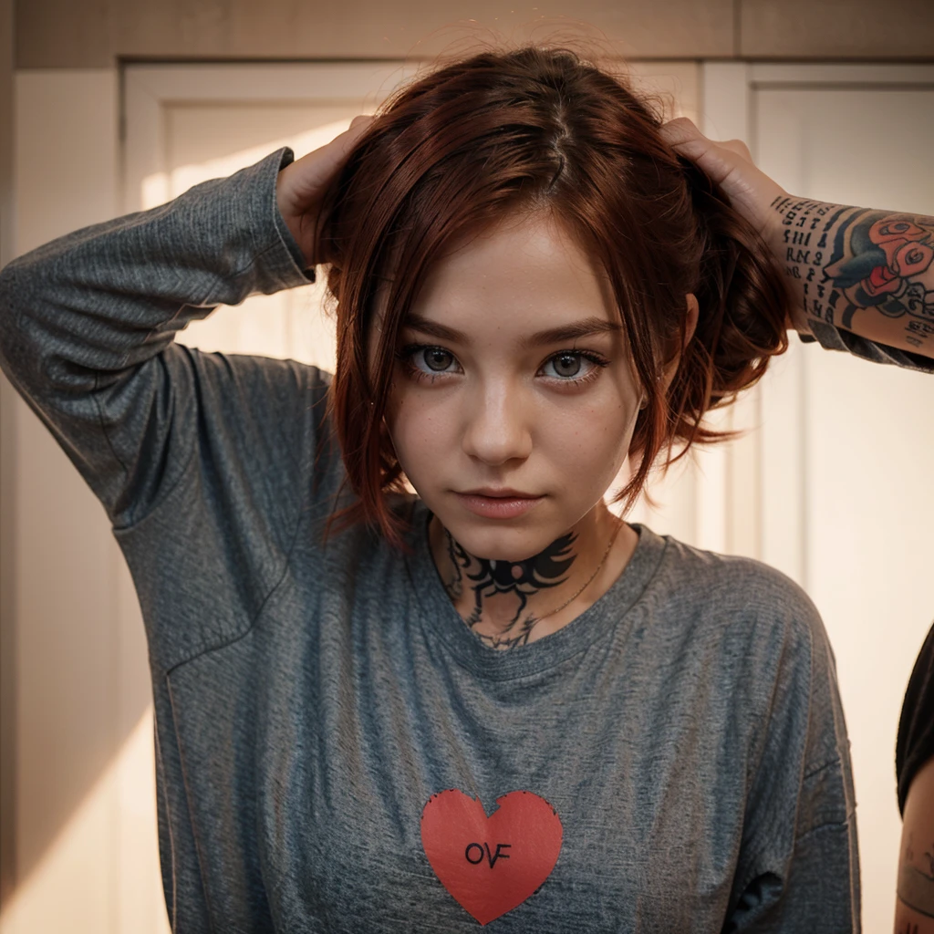 character. A Girl from the Future, in clothes. The face is clearly visible. looks straight into the camera. A tattoo in the form of a heart on the face. Hair color: red