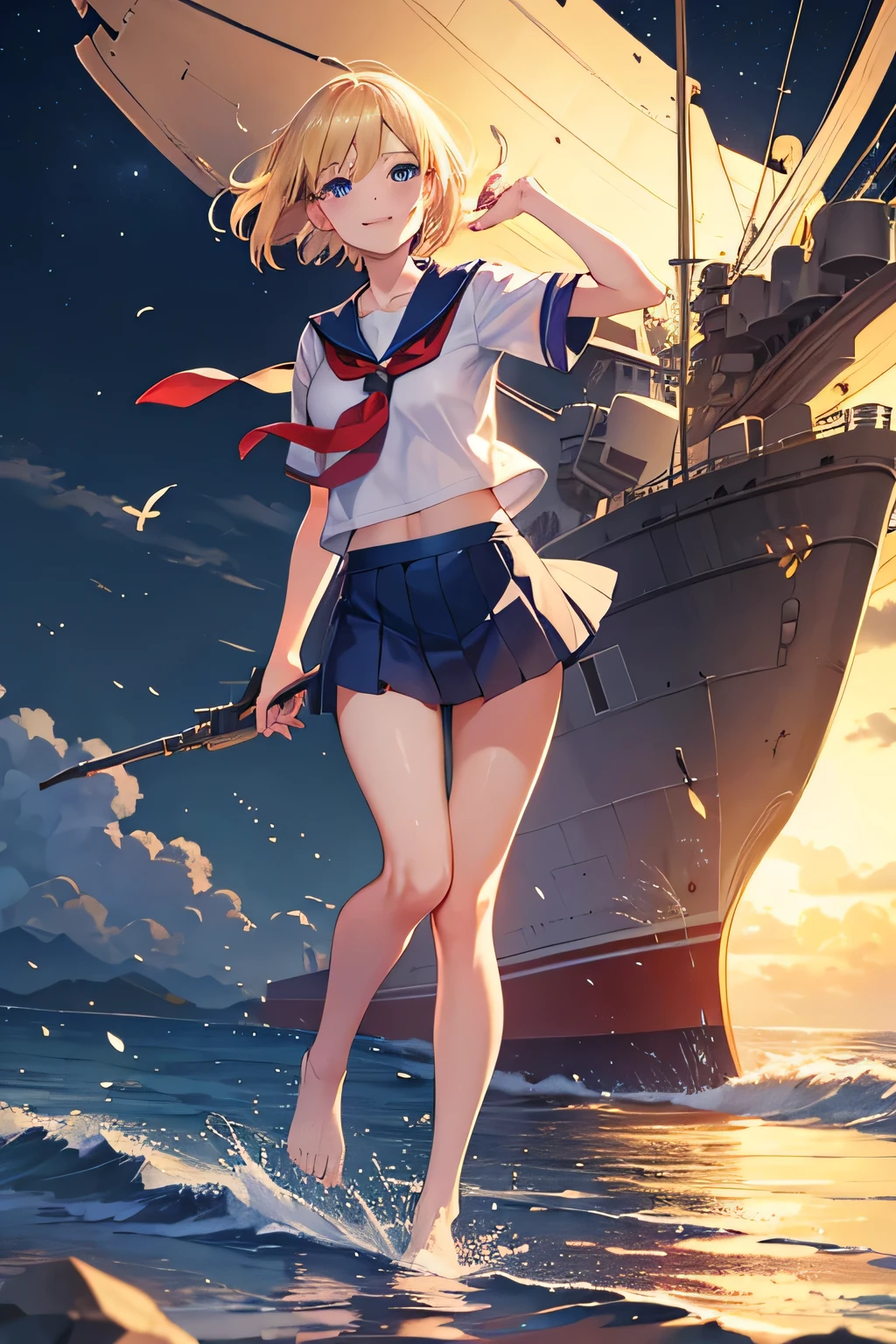 {{masutepiece, Best Quality, extremely details CG, Unity 8k Wallpaper, Cinematic lighting, }}, Sony α7, wide frame, south pacific, During the war with the Asian powers, The wind blowing on the Aegis ship, 1 girl, Full body, Smile, She is a sailor in the US Navy, Caucasian, 20 years old, Smile, Blonde hair, a short bob, blue eyes , long eyelashes ,