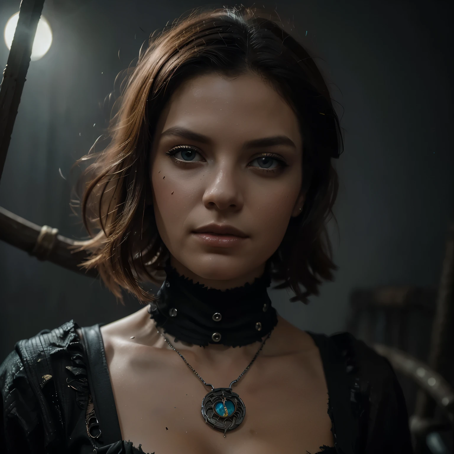 Arafado woman with necklace and necklace with turquoise stone, portrait of a young witch, retrato sophie mudd, anya taylor - joy queen of vampires, anastasia ovchinnikova, portrait of a black witch, wearing intricate black choker, still promotional, cinematic bust portrait, portrait of a young witch girl, of the wizard (2021), scary dark background, (work of art, best qualityer:1,3),a photo of a highly detailed Queen of Hearts, covered in heavily rusted, decadent, fractured, and oxidized curved metal plates with lots of old, frayed wires, ribbed cables and damaged metal mesh in an atmospheric, misty maze landscape of an otherworldly wonderland,Conceptual Art Portrait with 8K Resolution, Intricately detailed hyper-detailed dynamic lighting Splash art trending on Artstation, triadic colors, unreal motor 5, volumetric lighting, Gothic, high resolution, close the portrait, ambient light, Nikon 15mmf/1.8G, glamour, Intricate and detailed environment, shoelaces, stains, watercolor dark background, work of art, ornated, DeepL