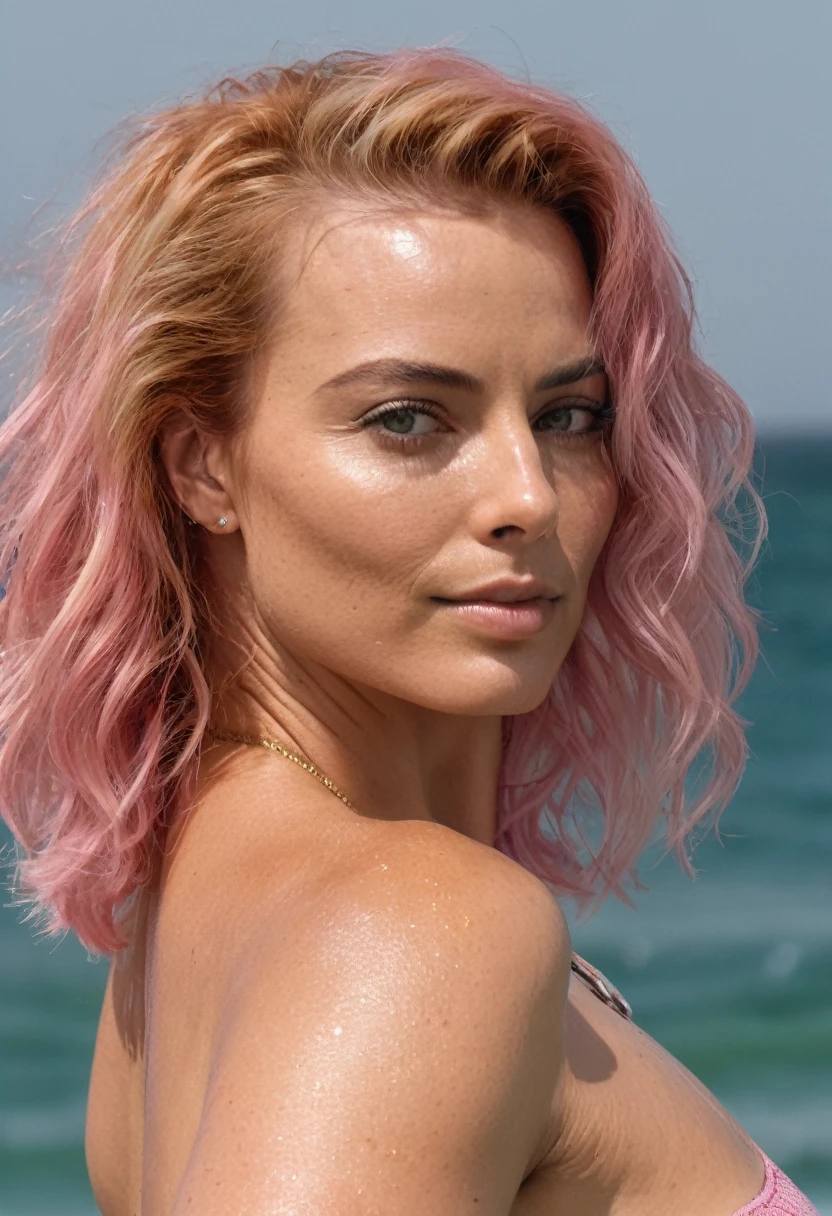  high quality   Erotic celebrity  photo , 40yo woman ( Magrot Robbie, vacation  side location  , photorealistic , celebrity , pink color curly  hair ,random click, she is wearing a wet tight rubber MARVEL logo printed shirt:1.5, woman ) sunbathing , shiny sweaty skin , sexualized move, erotic angles, sweaty  flat breas,t celebrity erotic photograph  , fit muscular figure , shiny sweaty skin, on beach,  celebrity, female,  woman, hollywood actress , fleshy muscular woman  , ( natural lights, depth of field, detailed face , insanely detailed skin texture, hyper detailed features )