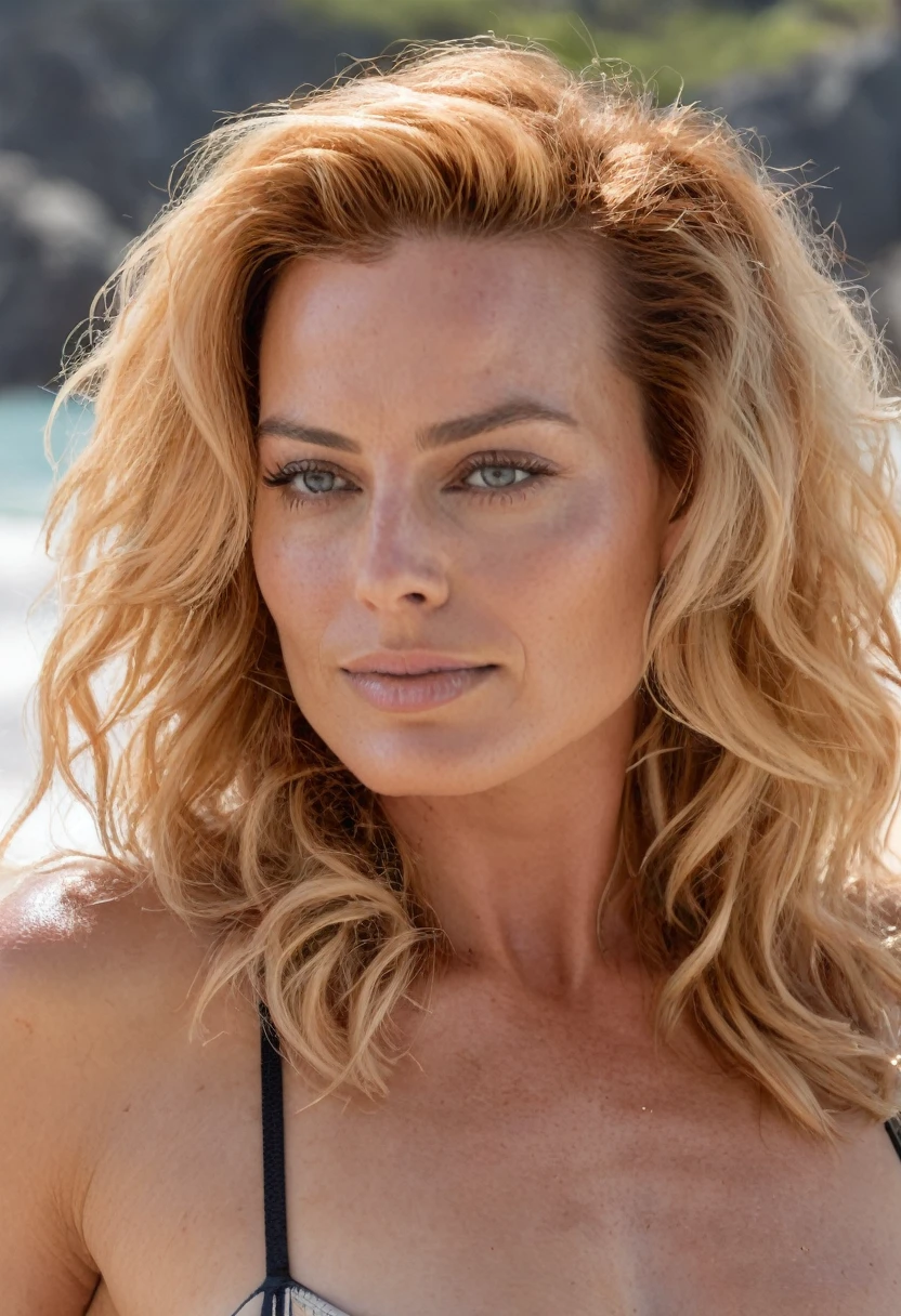  high quality   Erotic celebrity  photo , 40yo woman ( Magrot Robbie, vacation  side location  , photorealistic , celebrity , white  color curly  hair ,random click, she is wearing a wet tight rubber tank top , woman ) sunbathing , shiny sweaty skin , sexualized move, erotic angles, sweaty  flat breas,t celebrity erotic photograph  , fit muscular figure , shiny sweaty skin, on beach,  celebrity, female,  woman, hollywood actress , fleshy muscular woman  , ( natural lights, depth of field, detailed face , insanely detailed skin texture, hyper detailed features )