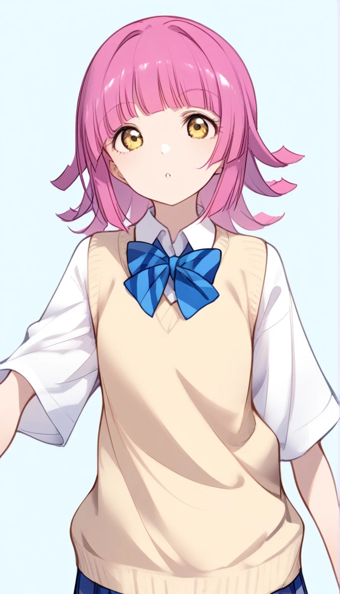 1girl, front view, love live tennouji rina, yellow eyes, white shirt and blue bowtie and yellow sweater vest otonokizaka , simple blue background