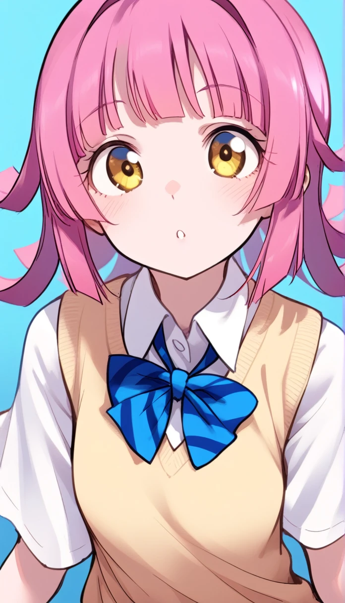 1girl, front view, love live tennouji rina, yellow eyes, white shirt and blue bowtie and yellow sweater vest otonokizaka , simple blue background
