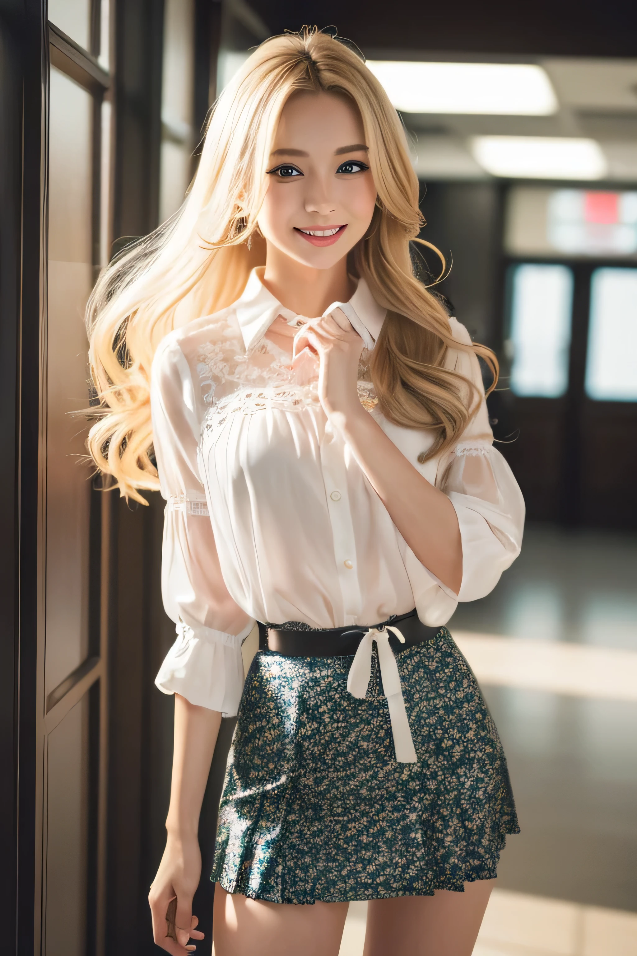 8K,Bushy blonde adult woman,so beautiful(Like the real thing), Big smile, elegant, Long nails, Hairstyle, Beautiful expression,blue eyes, Messy, I am proud, absurdes, Elegant dress,Cowboy Shot, Portraiture, (Highest quality), (Tabletop), (Very detailed), masterpiece,Highest quality photorealistic RAW photos。Backlight, Cinema Lighting, Film Grain, to be born, 50MM lens, Nikon D850,Ultra-Realistic Skin,Fantasy art,Character Art,Ultra-high resolution,Perfect hands,Compensate,wearing Floral blouse with ribbon tie_long see-through sleeves,Pleated mini skirt in off-white,Place your left hand gently on your chin,Strongly blurred beautiful office corridor background,smile_Running towards here_long flowing hair