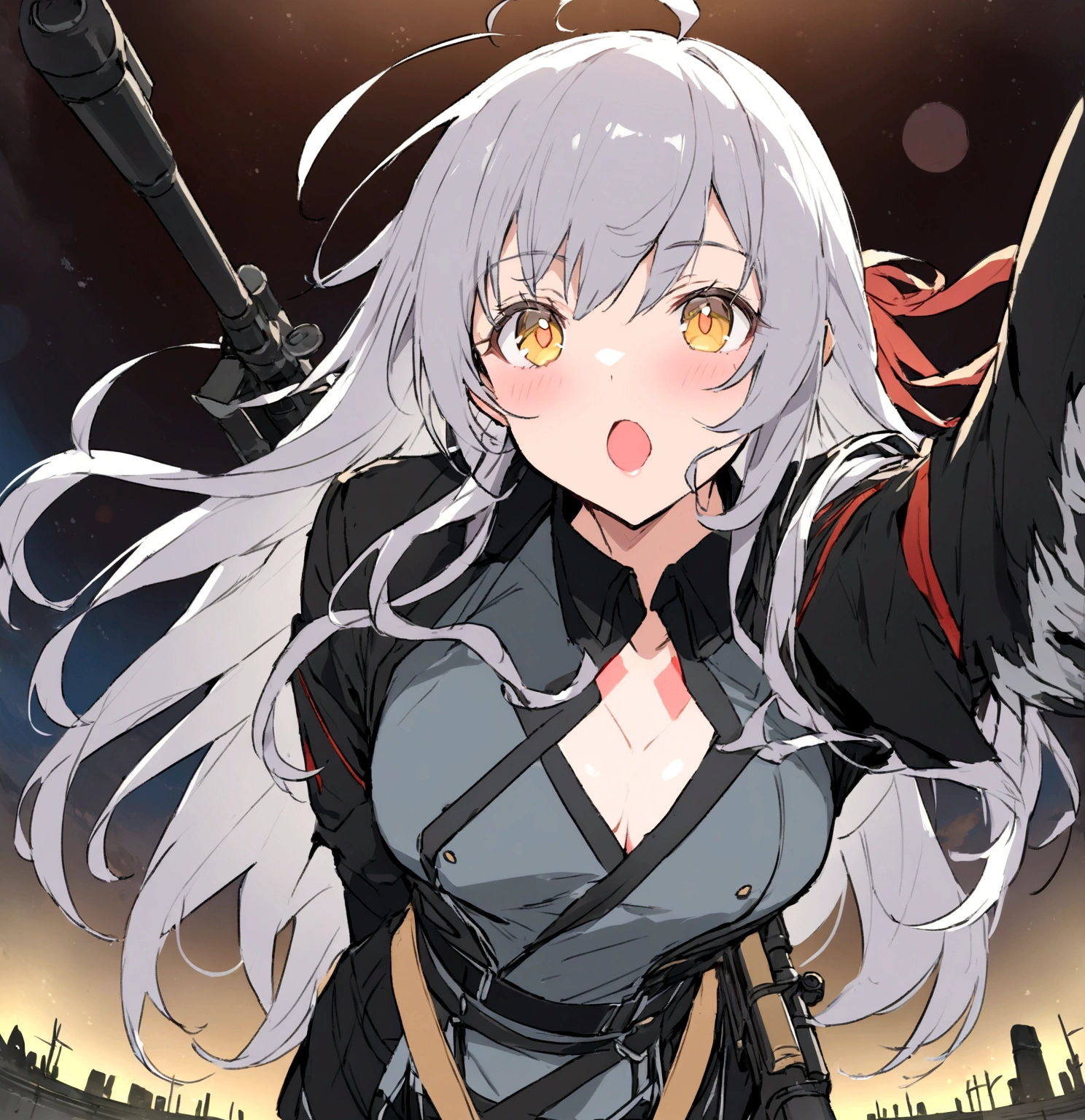 (masterpiece, best quality:1.2),Expressionless、 1girl, 独奏,Black military uniform、Grey long hair、Ahoge、Yellow Eyes、Ready your gun?、sniper rifle、Background of military bases、Fisheye Lens(masterpiece, best quality:1.2),Expressionless、 1girl, 独奏,Black military uniform、Grey long hair、Ahoge、Yellow Eyes、Ready your gun?、sniper rifle、Background of military bases、Fisheye Lens
